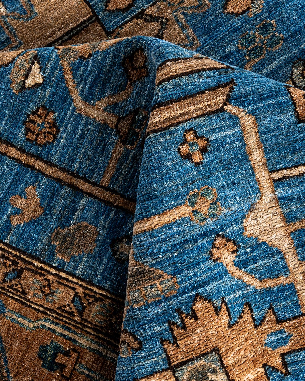 Alfombra tradicional Serapi de lana anudada a mano Azul 8' 0