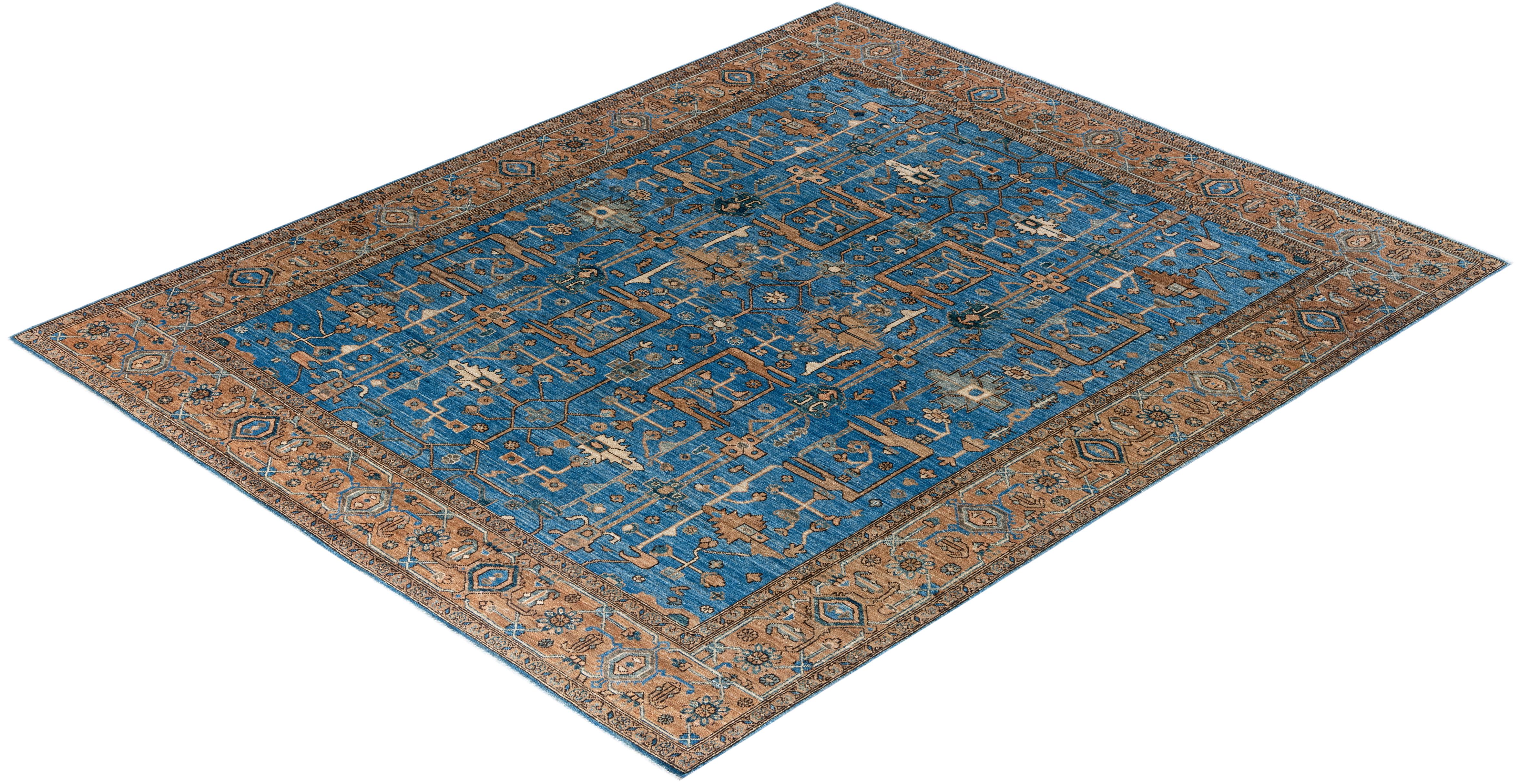 Alfombra tradicional Serapi de lana anudada a mano Azul 8' 0