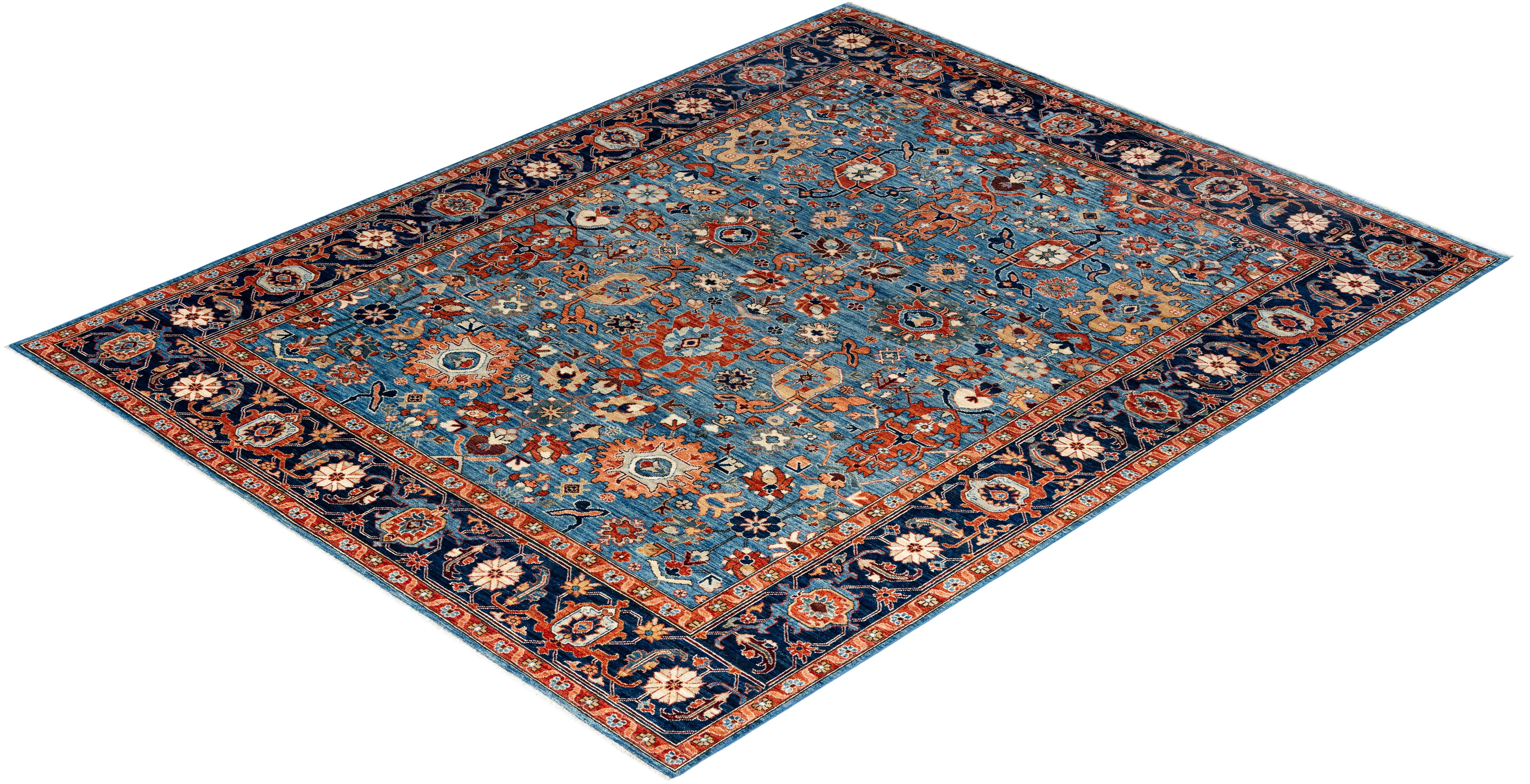Traditional Serapi Tapis bleu en laine nouée à la main 8' 1