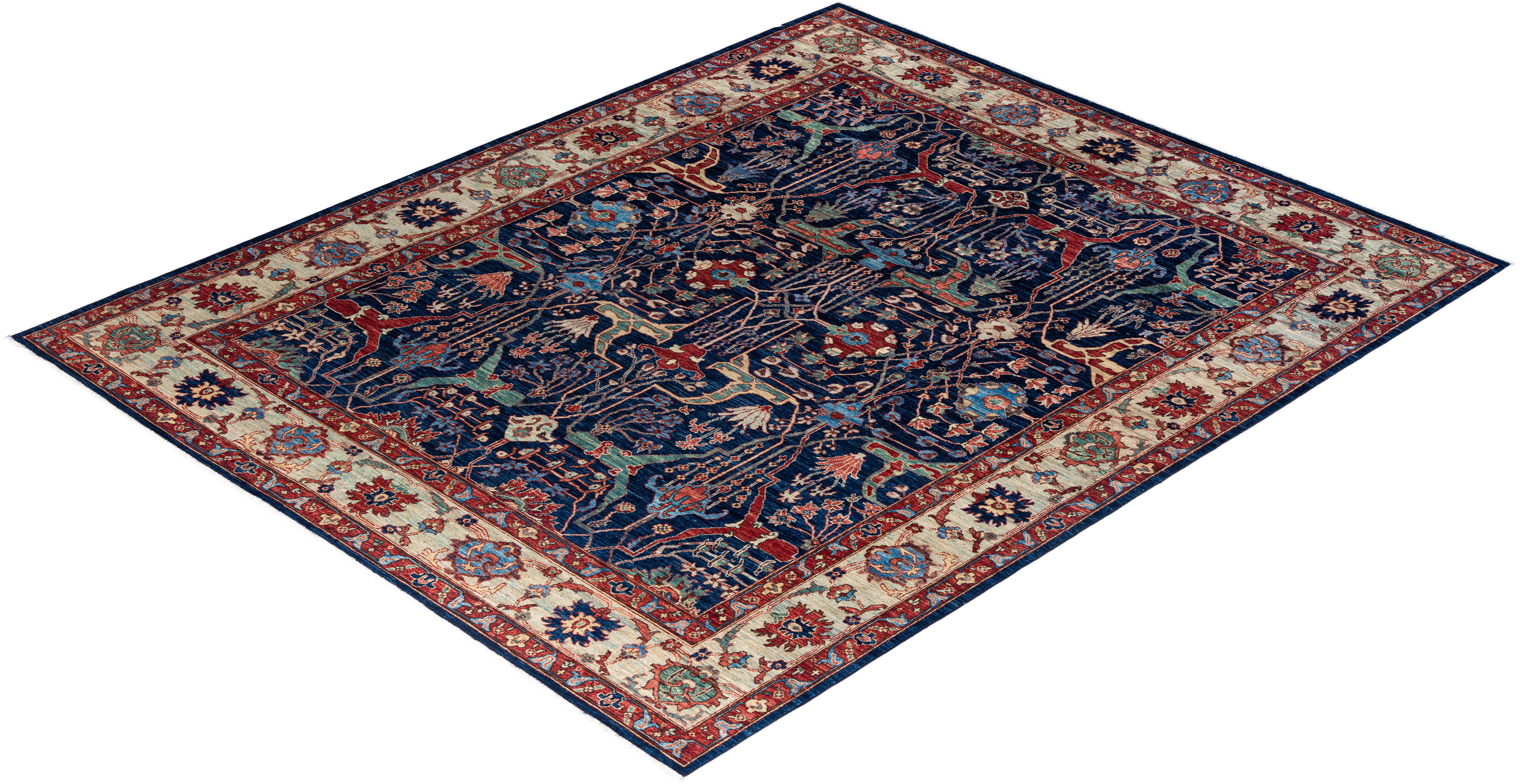 Traditional Serapi Tapis bleu en laine nouée à la main 8' 1