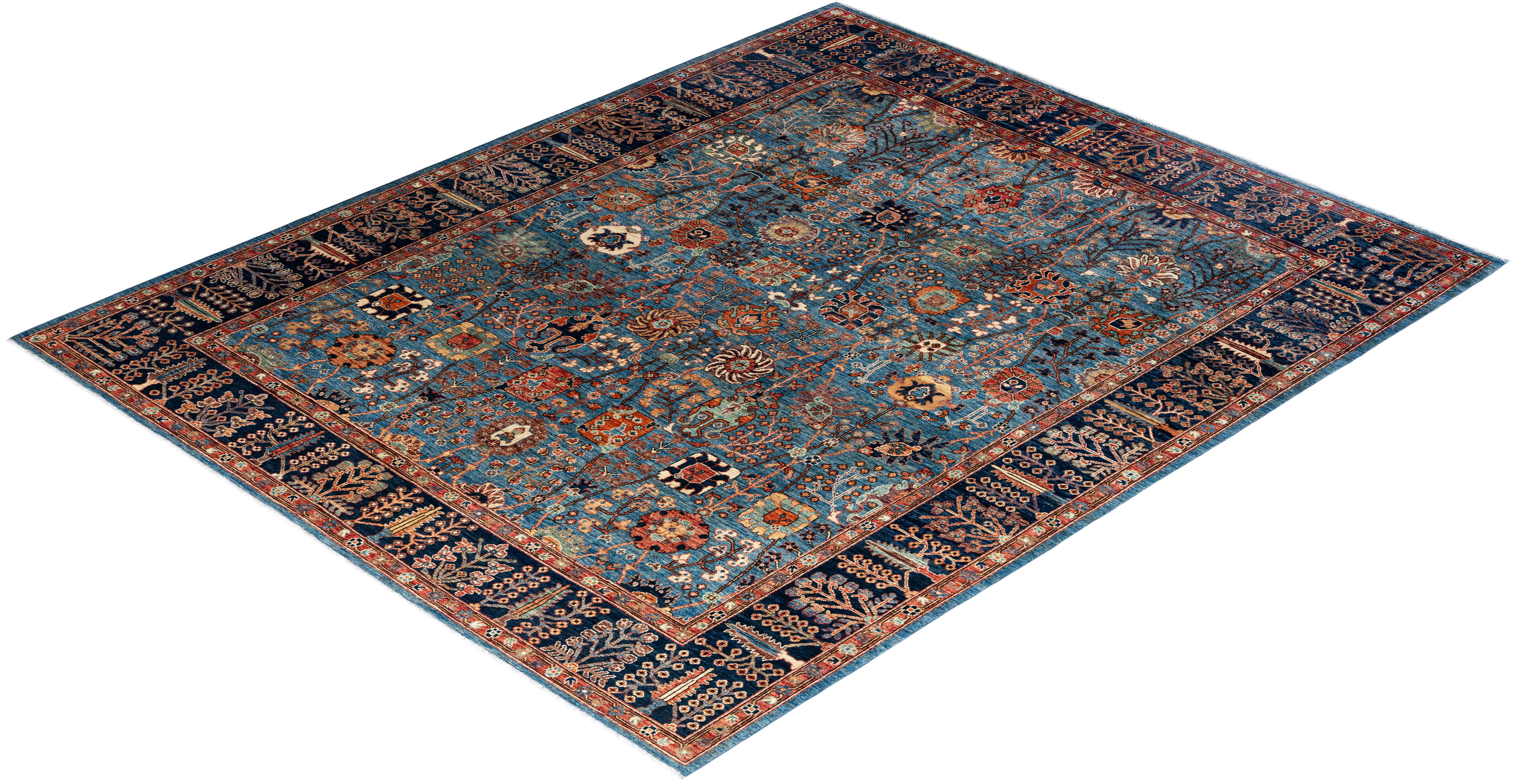 Traditional Serapi Tapis bleu en laine nouée à la main 8' 1