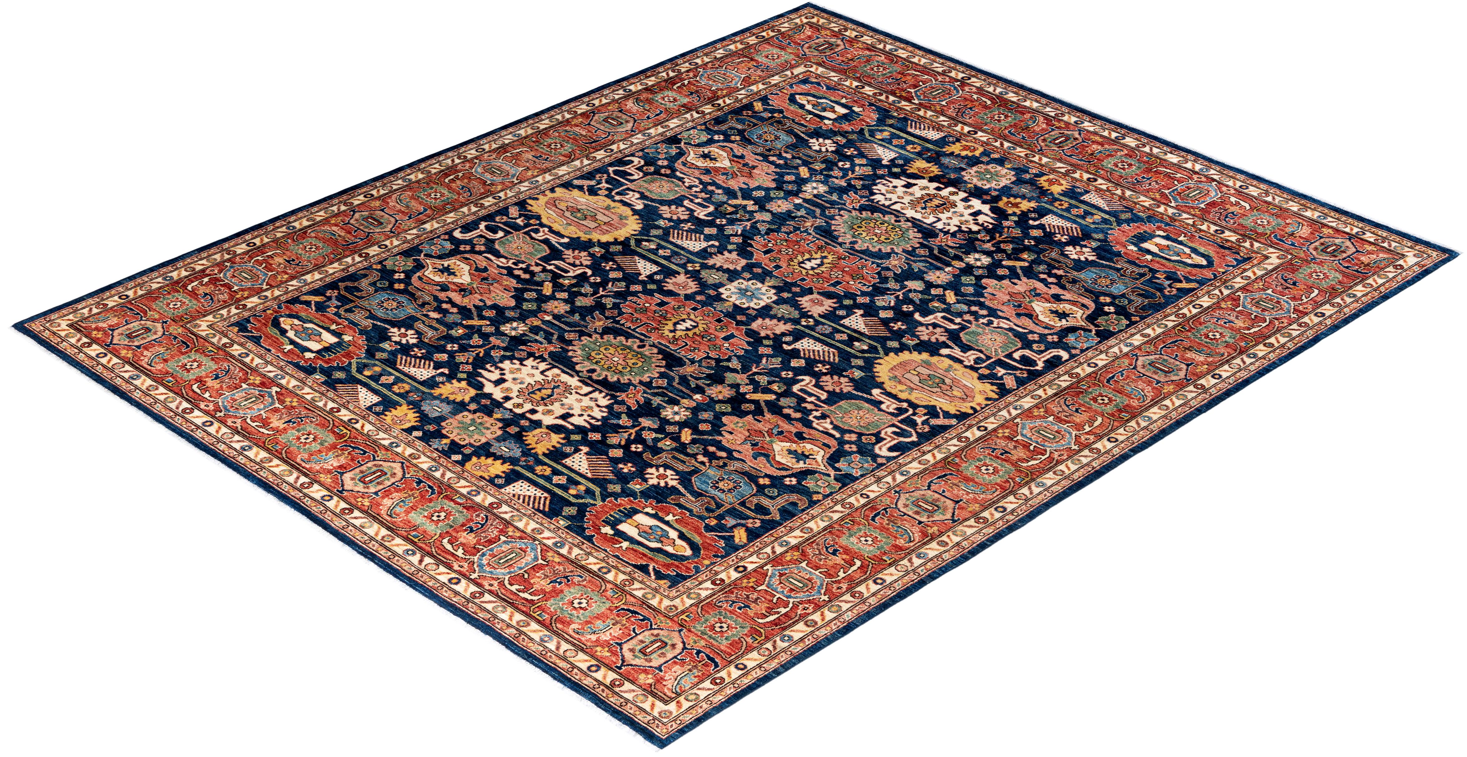 Tapis traditionnel Serapi noué à la main bleu de 8' 1