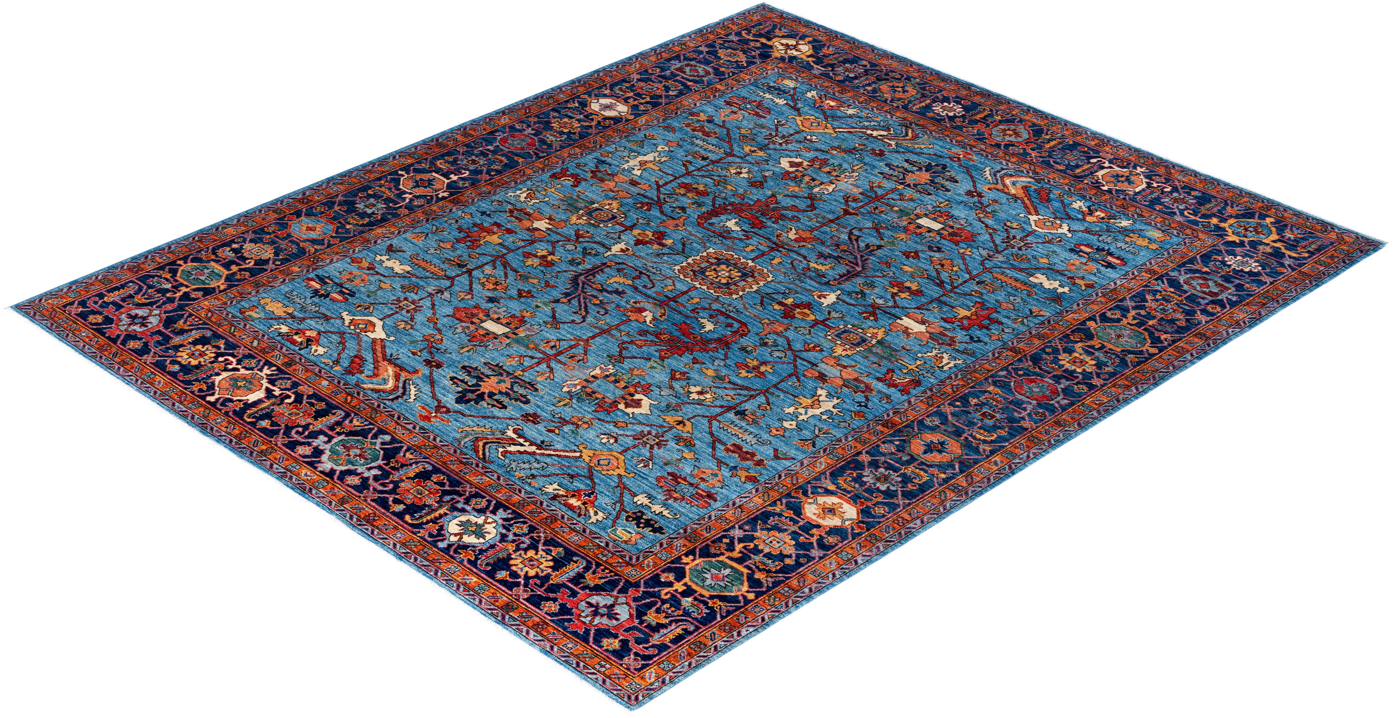 Tapis traditionnel Serapi noué à la main bleu de 8' 2