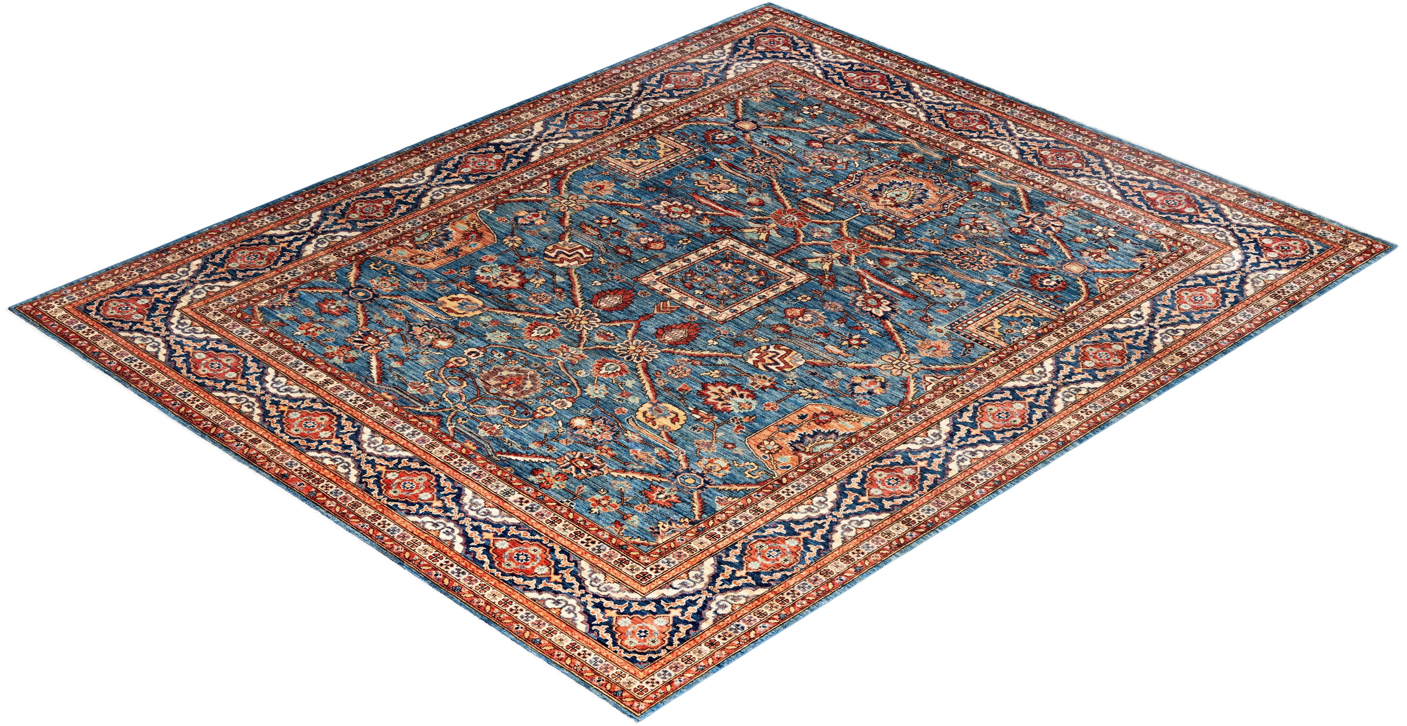 Alfombra tradicional Serapi de lana anudada a mano Azul 8' 3