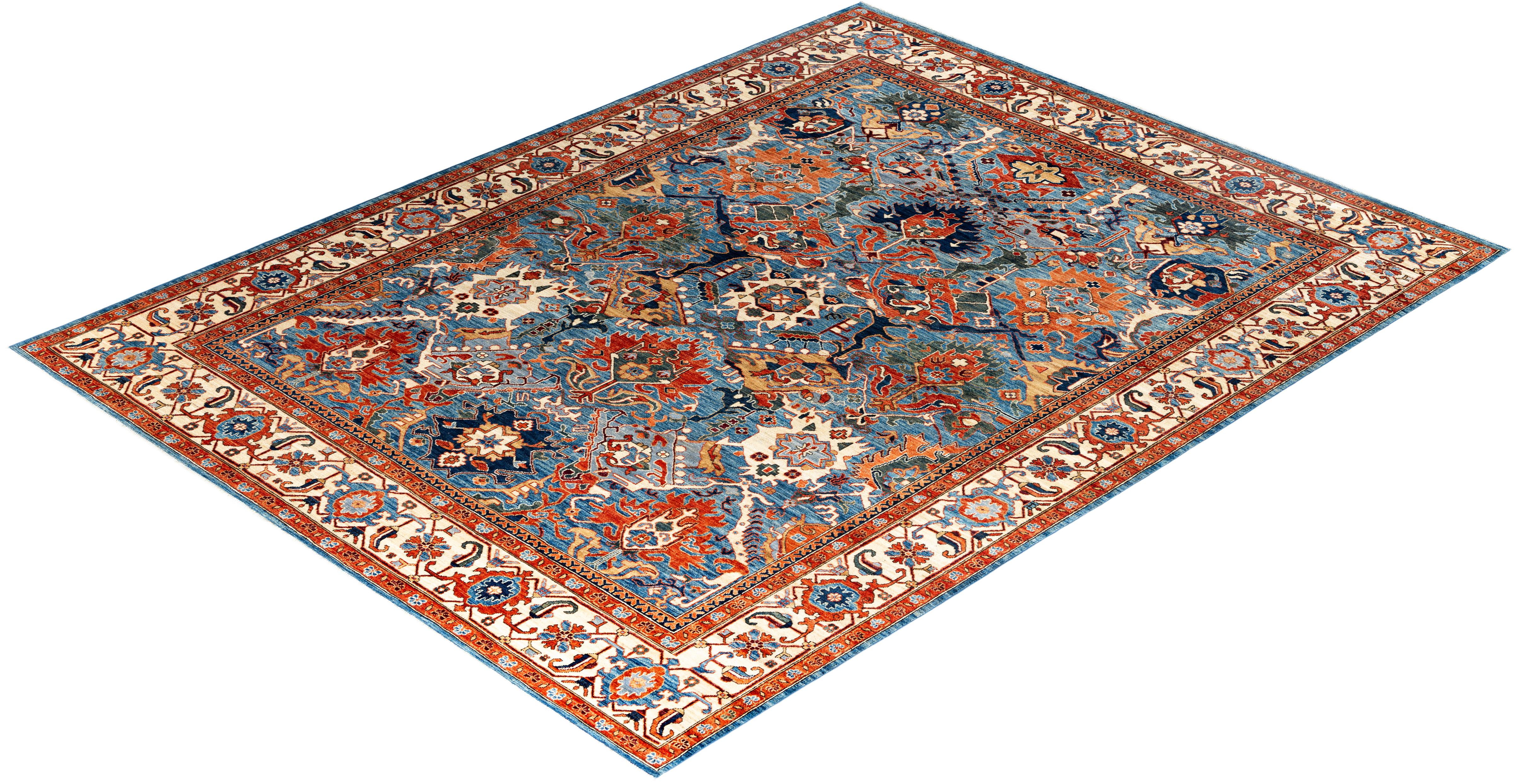 Tapis traditionnel Serapi noué à la main bleu de 9' 1