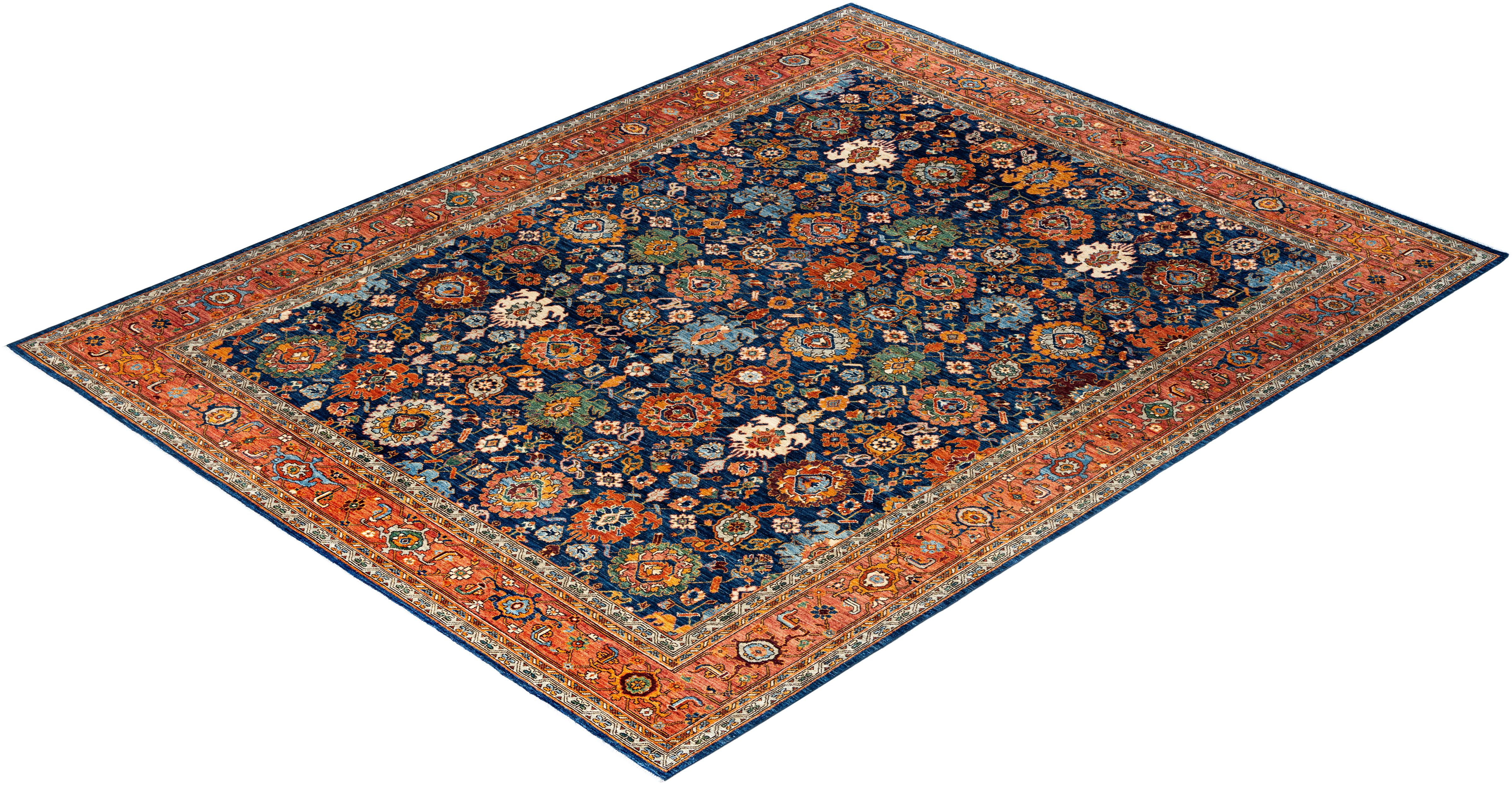 Tapis traditionnel Serapi noué à la main bleu de 9' 2