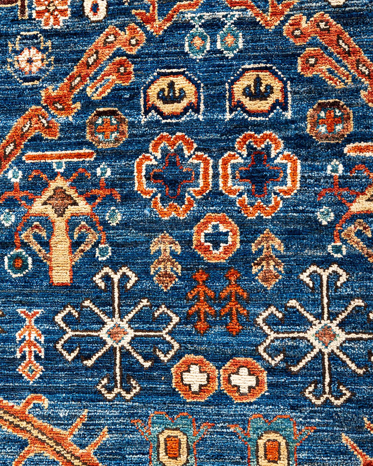 Pakistani Traditional Serapi Hand Knotted Wool Blue Area Rug For Sale