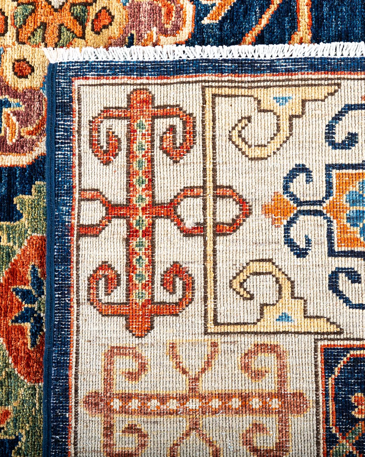 Contemporary Traditional Serapi Hand Knotted Wool Blue Area Rug For Sale
