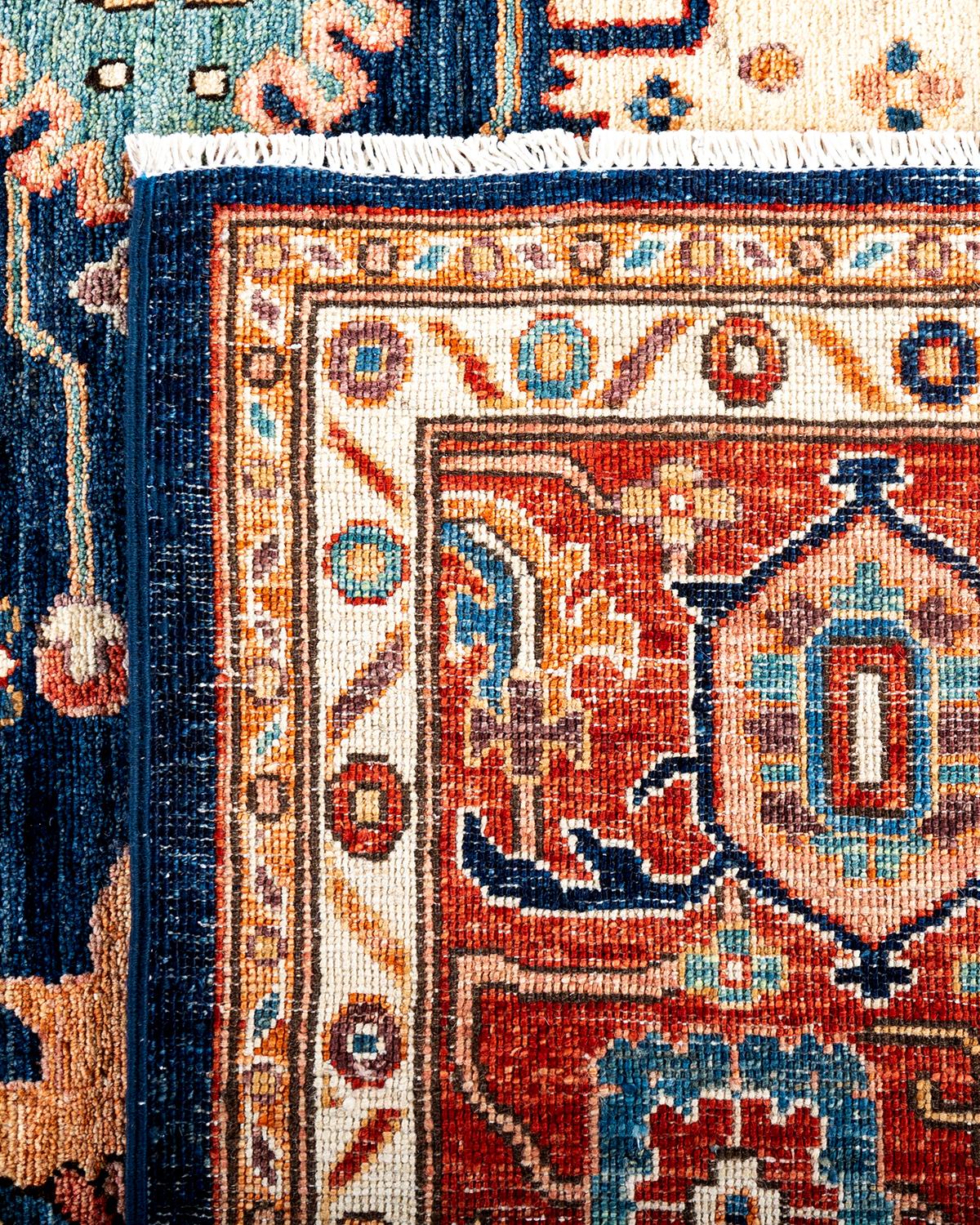 Contemporary Traditional Serapi Hand Knotted Wool Blue Area Rug For Sale