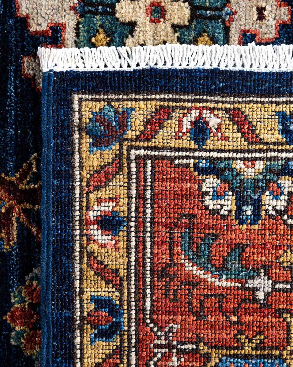 Contemporary Traditional Serapi Hand Knotted Wool Blue Area Rug For Sale
