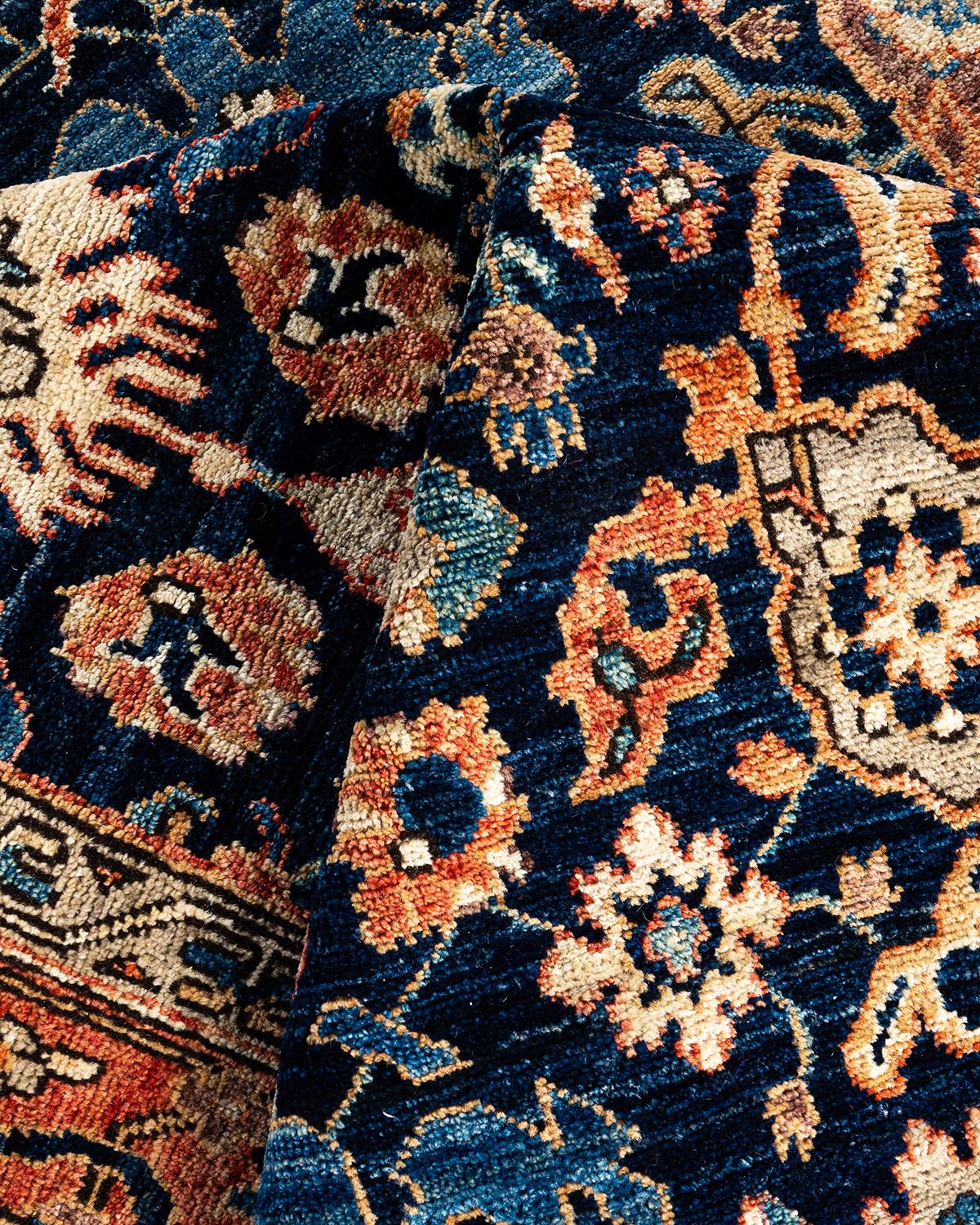 Traditional Serapi Hand Knotted Wool Blue Area Rug For Sale 2
