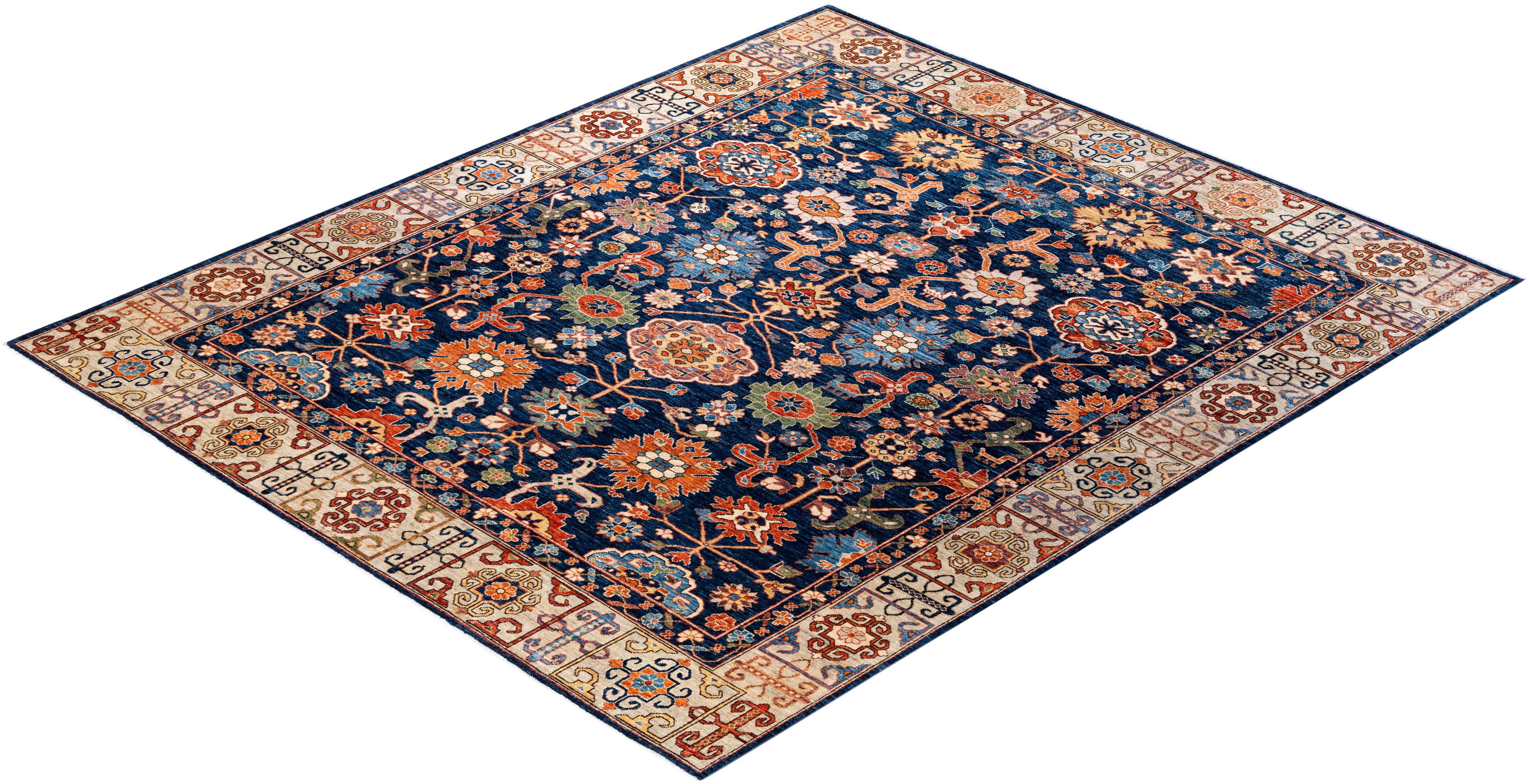  Traditional Serapi Hand Knotted Wool Blue Area Rug For Sale 3