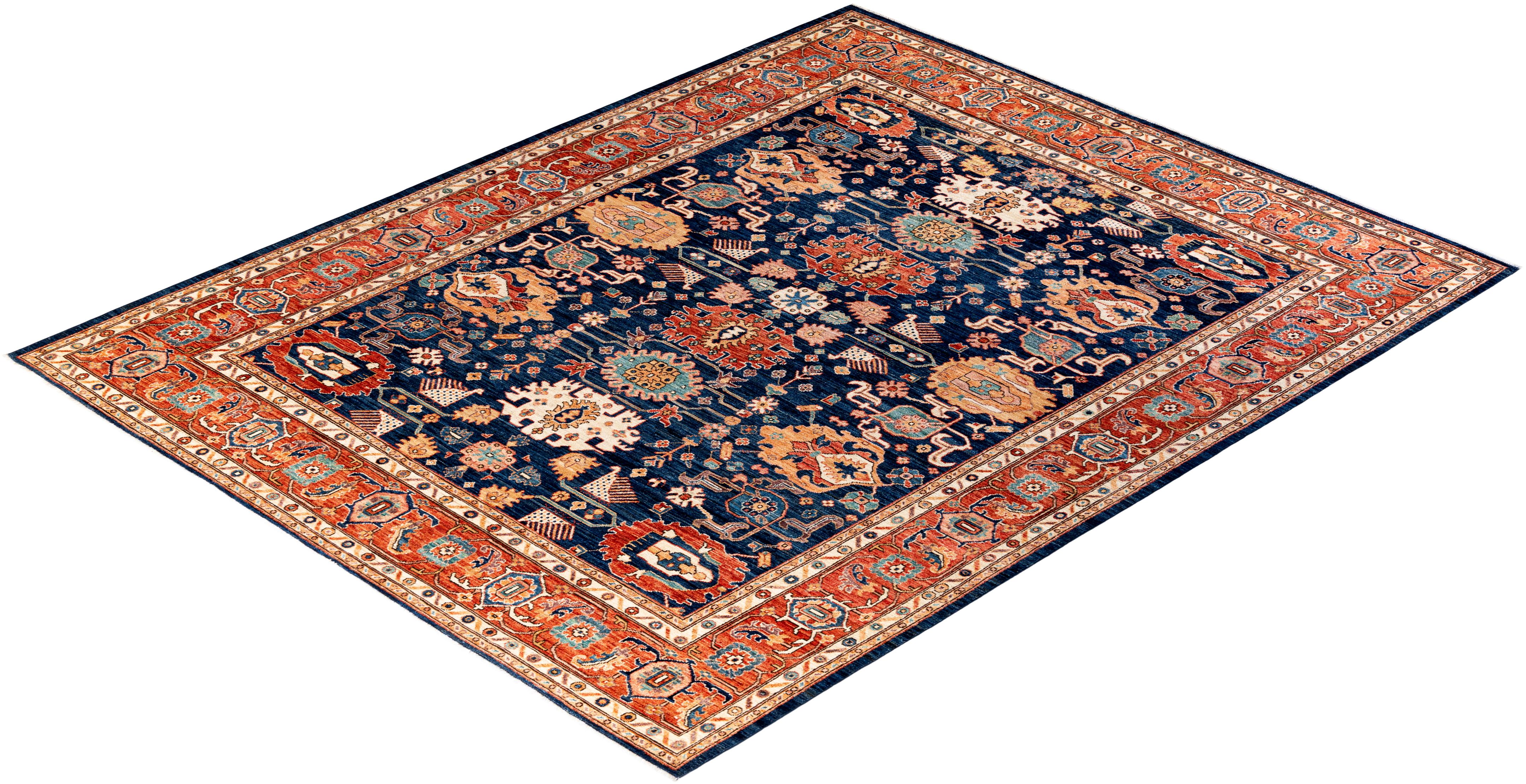 Traditional Serapi Hand Knotted Wool Blue Area Rug For Sale 3