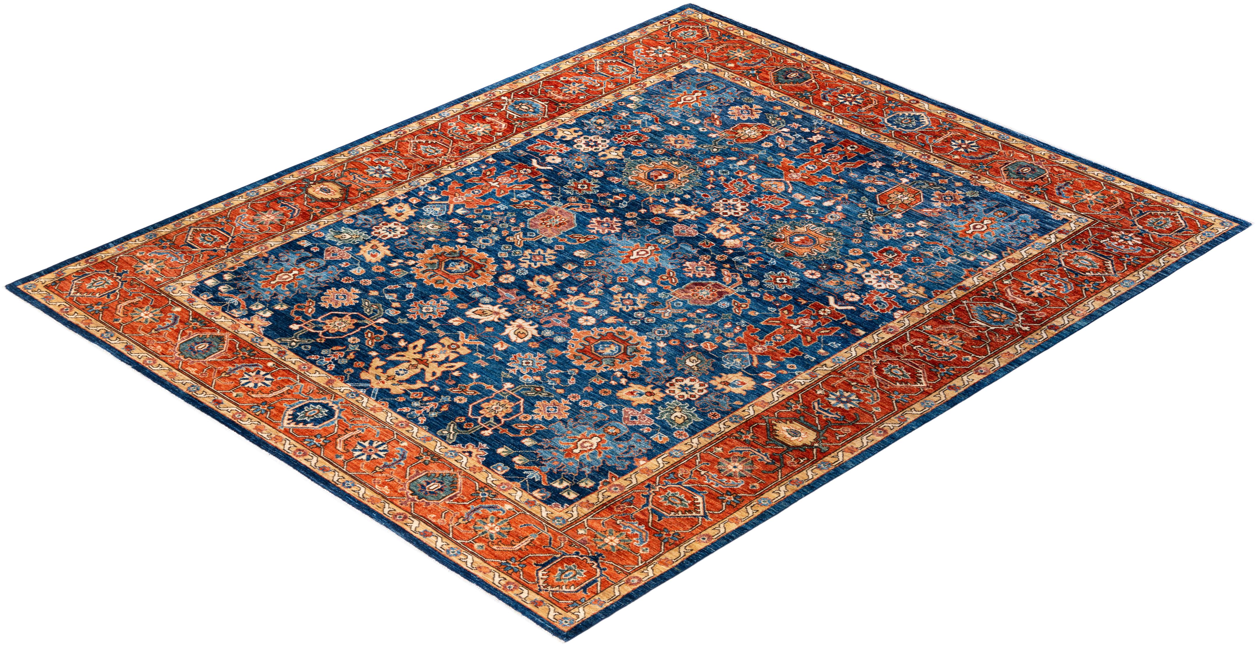  Traditional Serapi Hand Knotted Wool Blue Area Rug For Sale 3