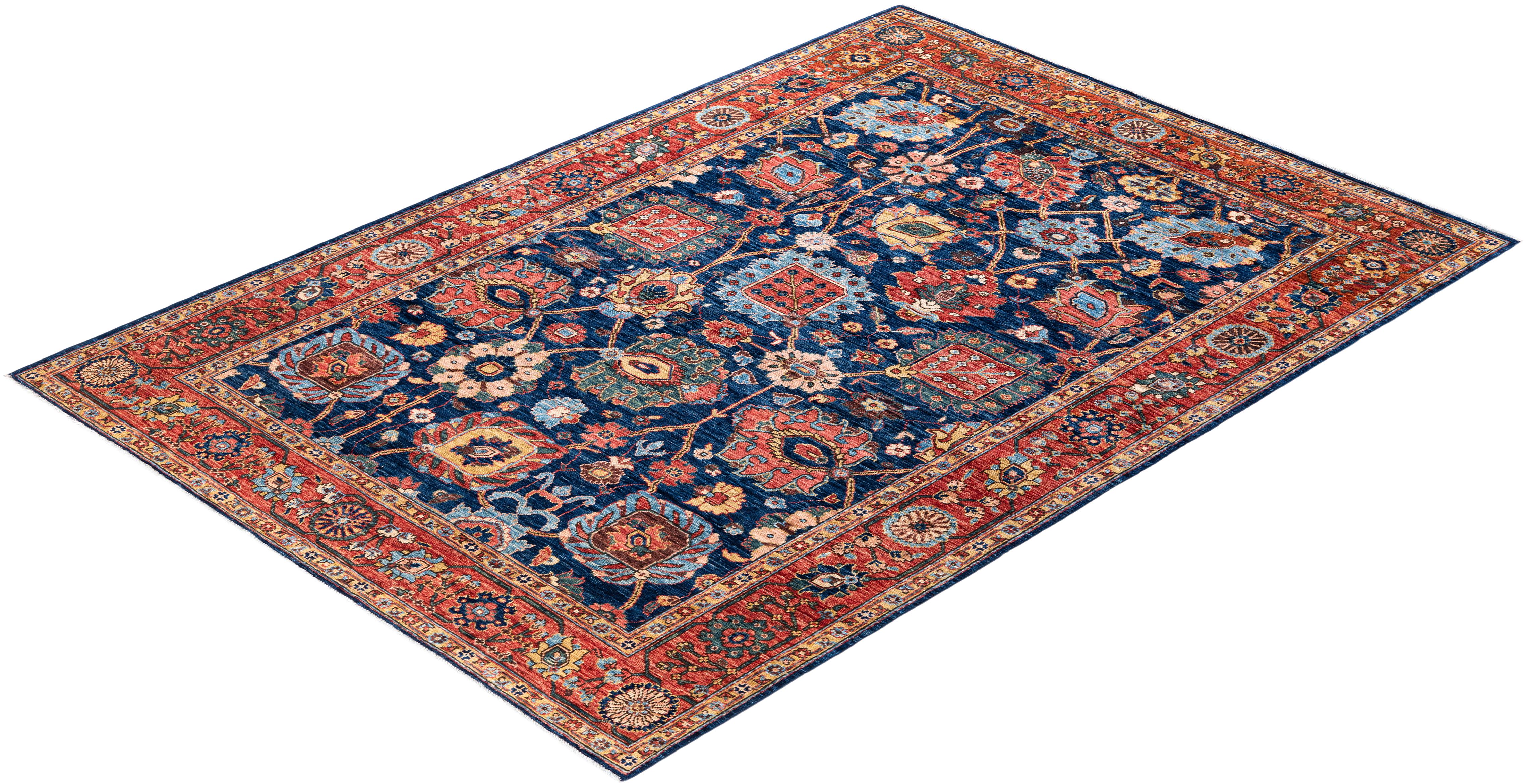 Traditional Serapi Hand Knotted Wool Blue Area Rug For Sale 3