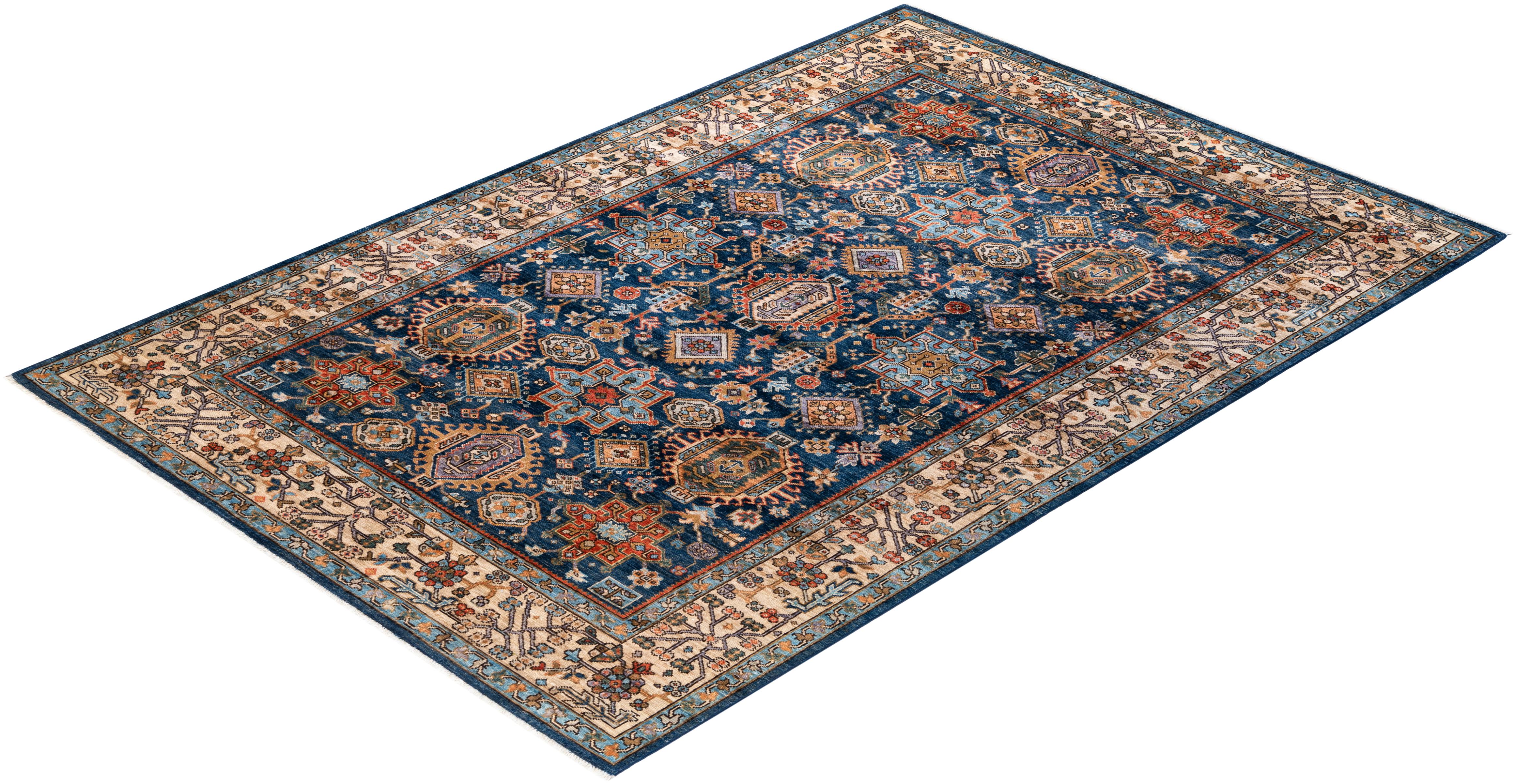 Traditional Serapi Hand Knotted Wool Blue Area Rug For Sale 3