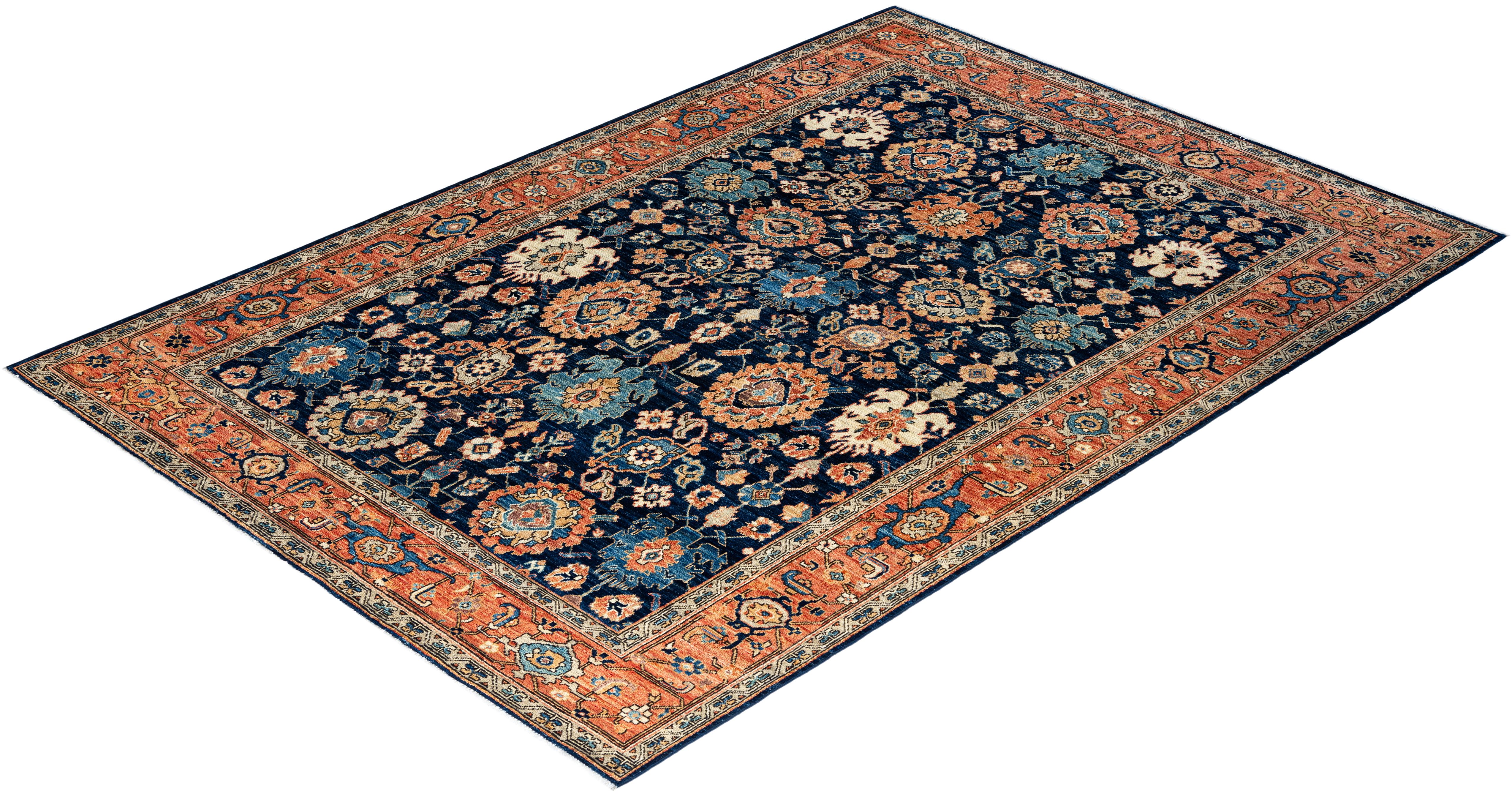 Traditional Serapi Hand Knotted Wool Blue Area Rug For Sale 3
