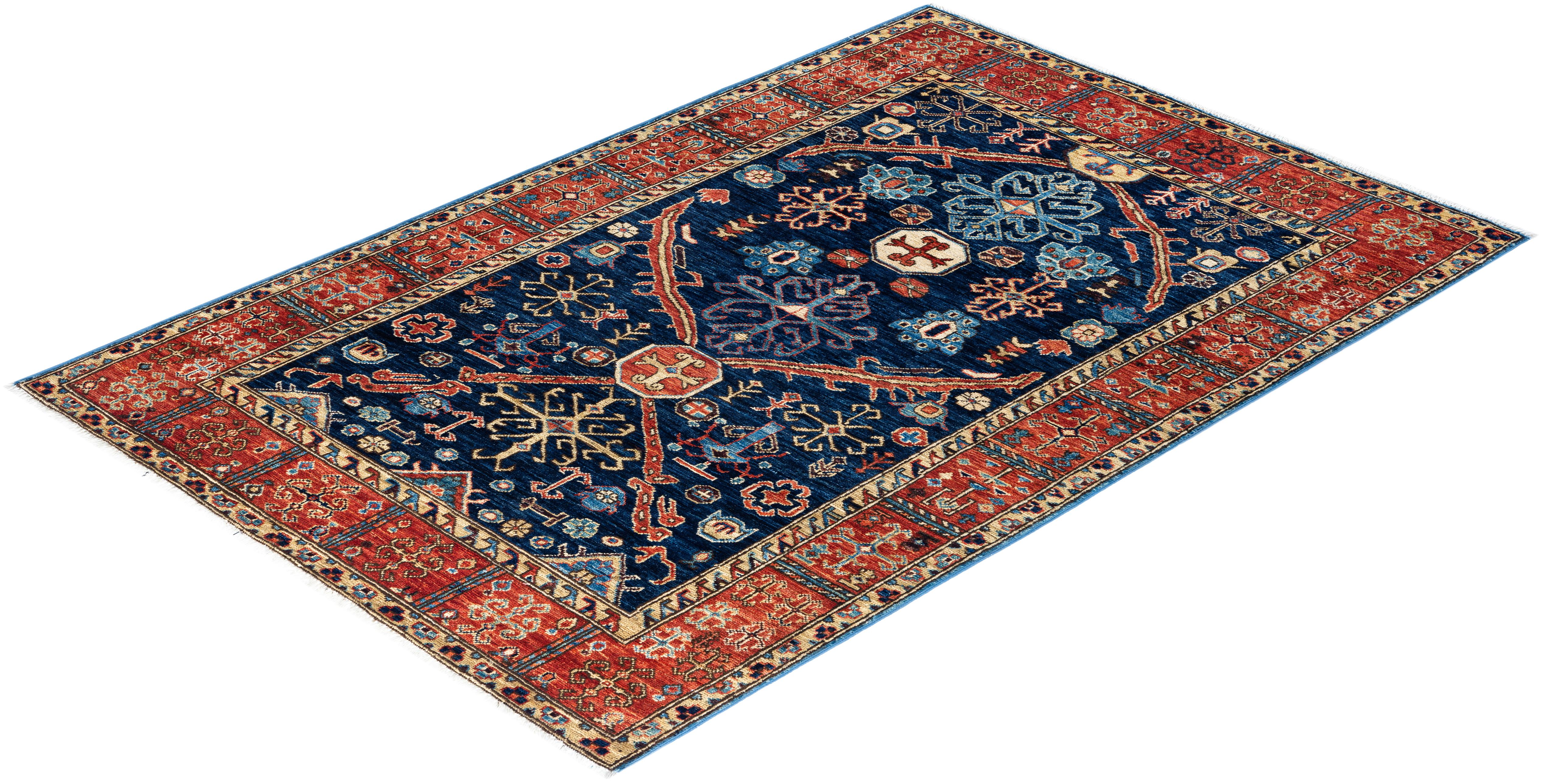  Traditional Serapi Hand Knotted Wool Blue Area Rug For Sale 3