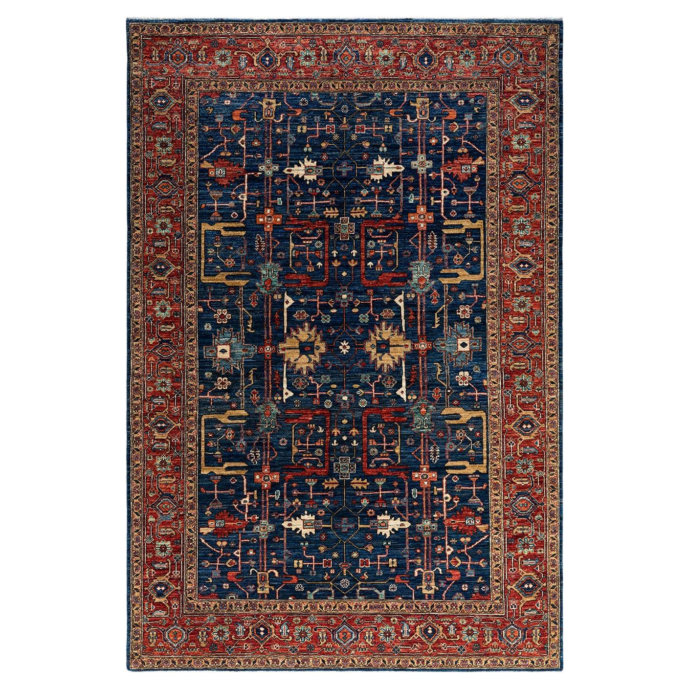  Traditional Serapi Hand Knotted Wool Blue Area Rug For Sale