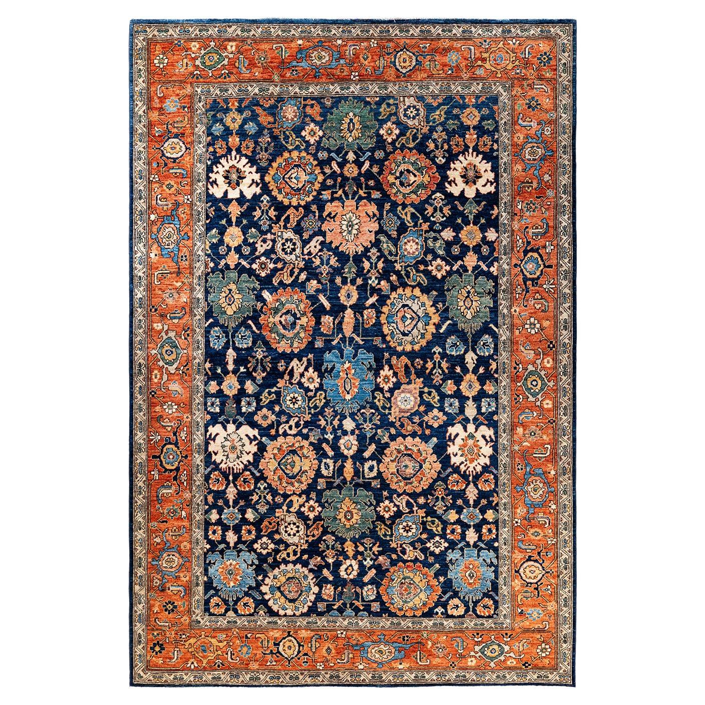  Traditional Serapi Hand Knotted Wool Blue Area Rug For Sale