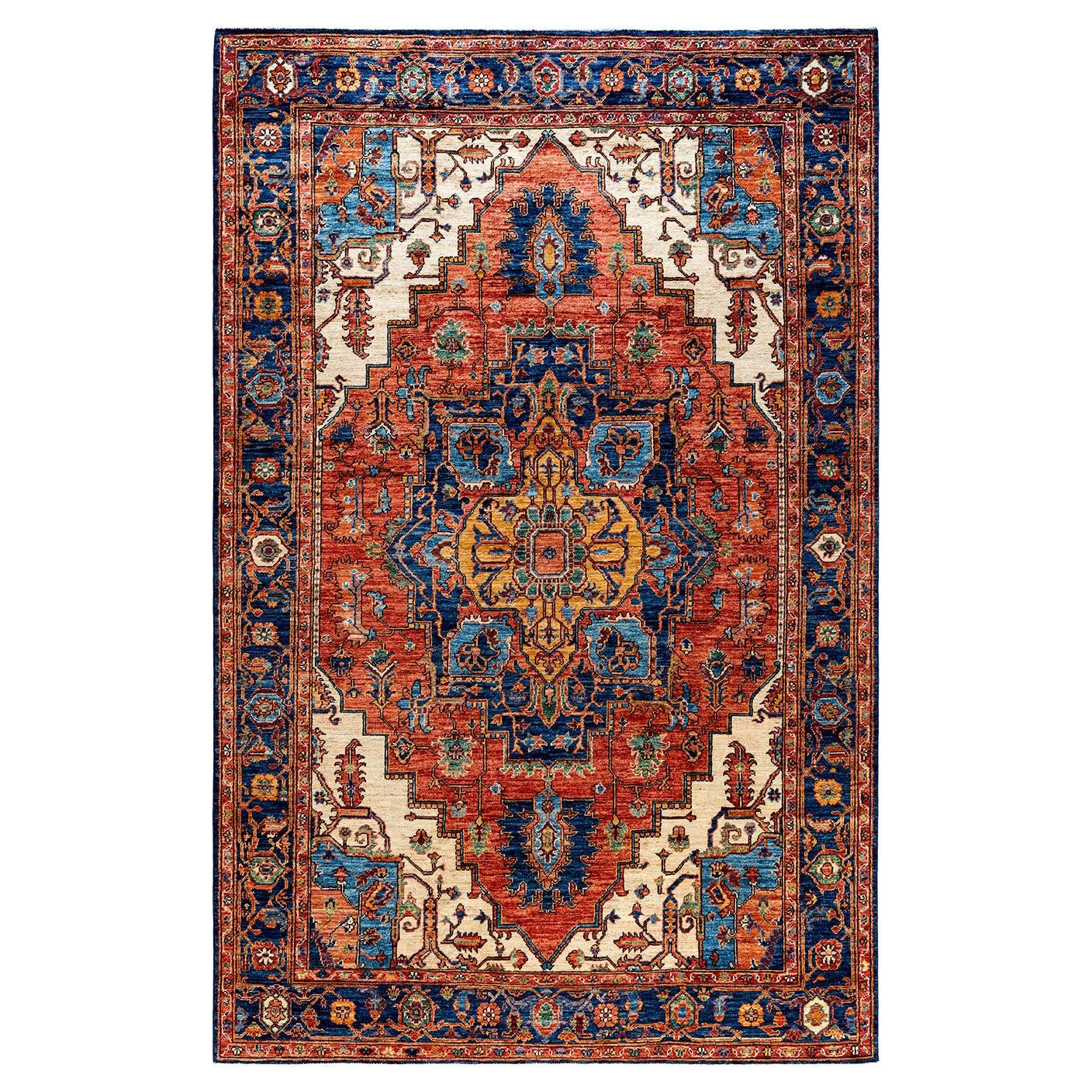 Traditional Serapi Hand Knotted Wool Blue Area Rug For Sale