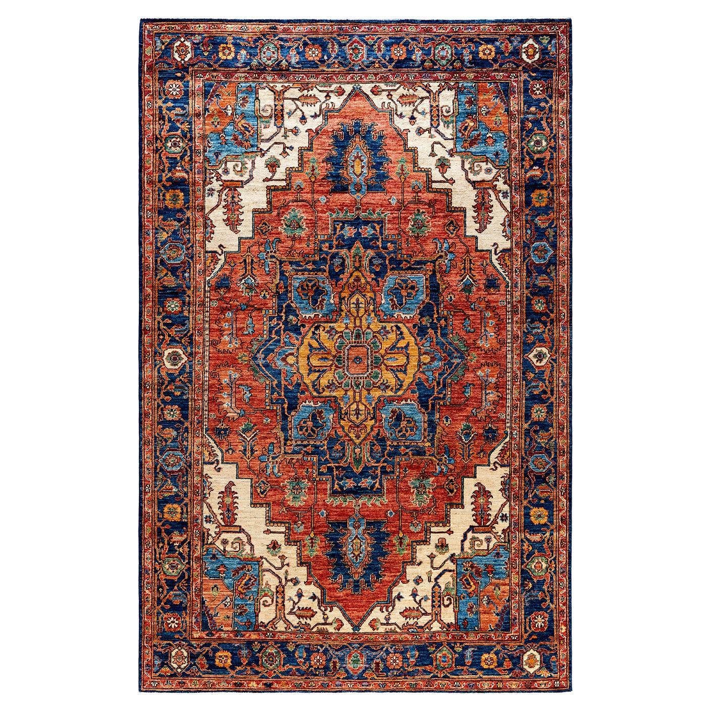  Traditional Serapi Hand Knotted Wool Blue Area Rug For Sale