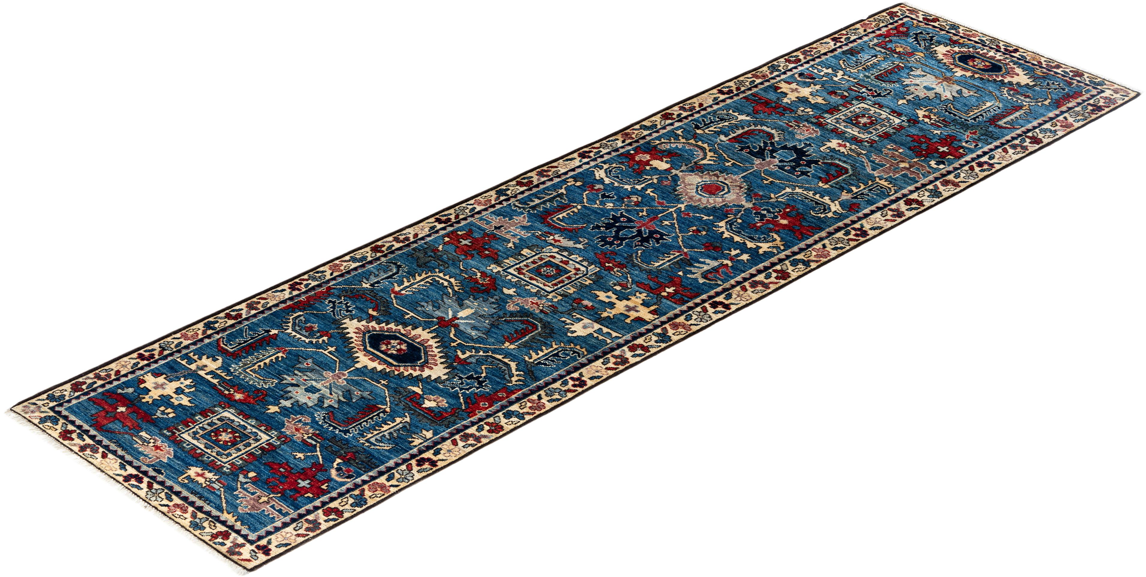 Traditioneller handgeknüpfter Serapi-Läufer aus Wolle in Blau 2' 7