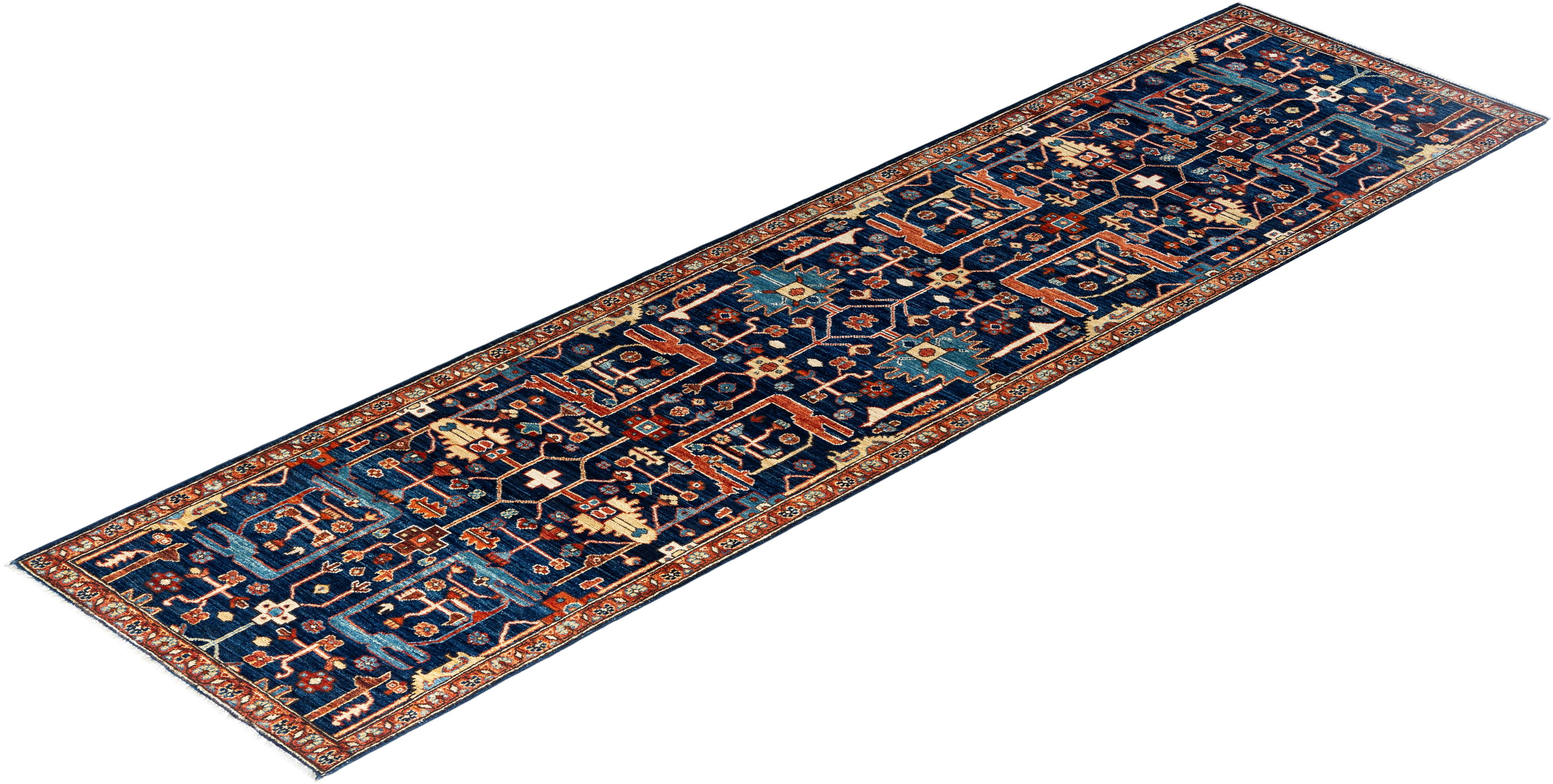 Tapis de couloir traditionnel Serapi bleu noué à la main 2' 7