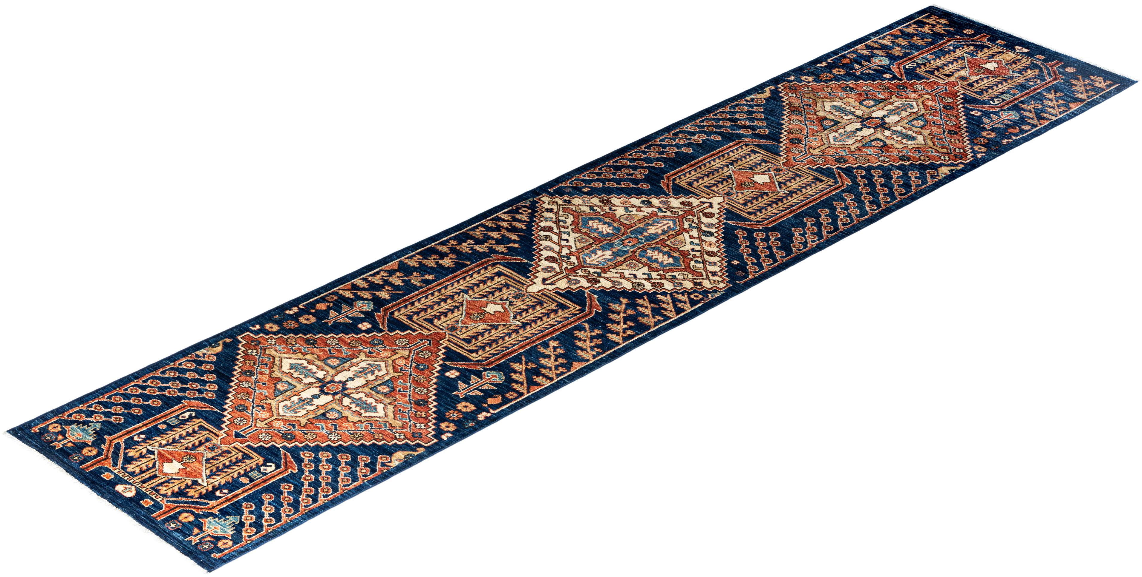 Traditionnel Serapi Tapis de laine bleu noué à la main 2' 8