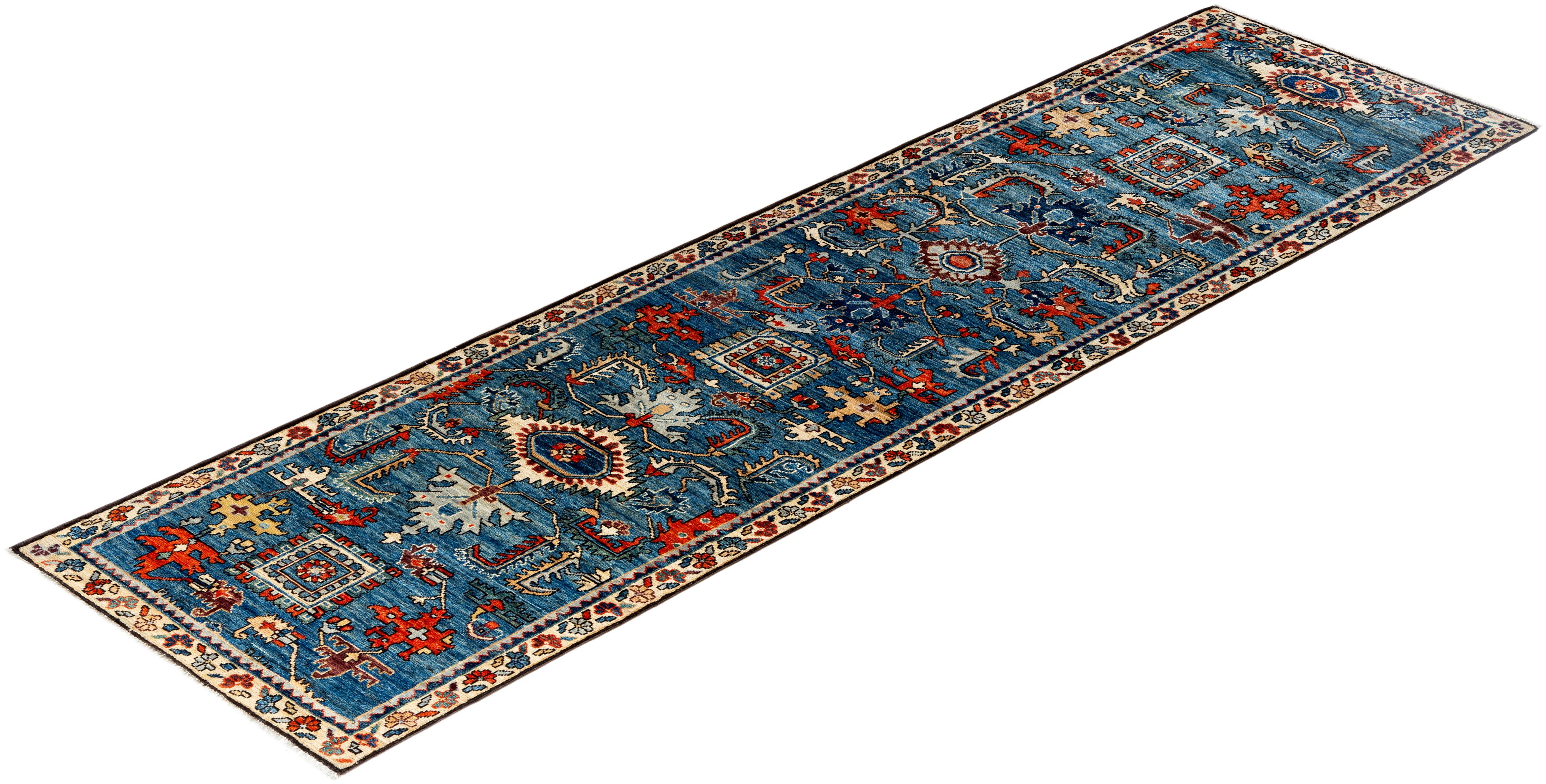 Traditioneller handgeknüpfter Serapi-Läufer aus Wolle in Blau 2' 9