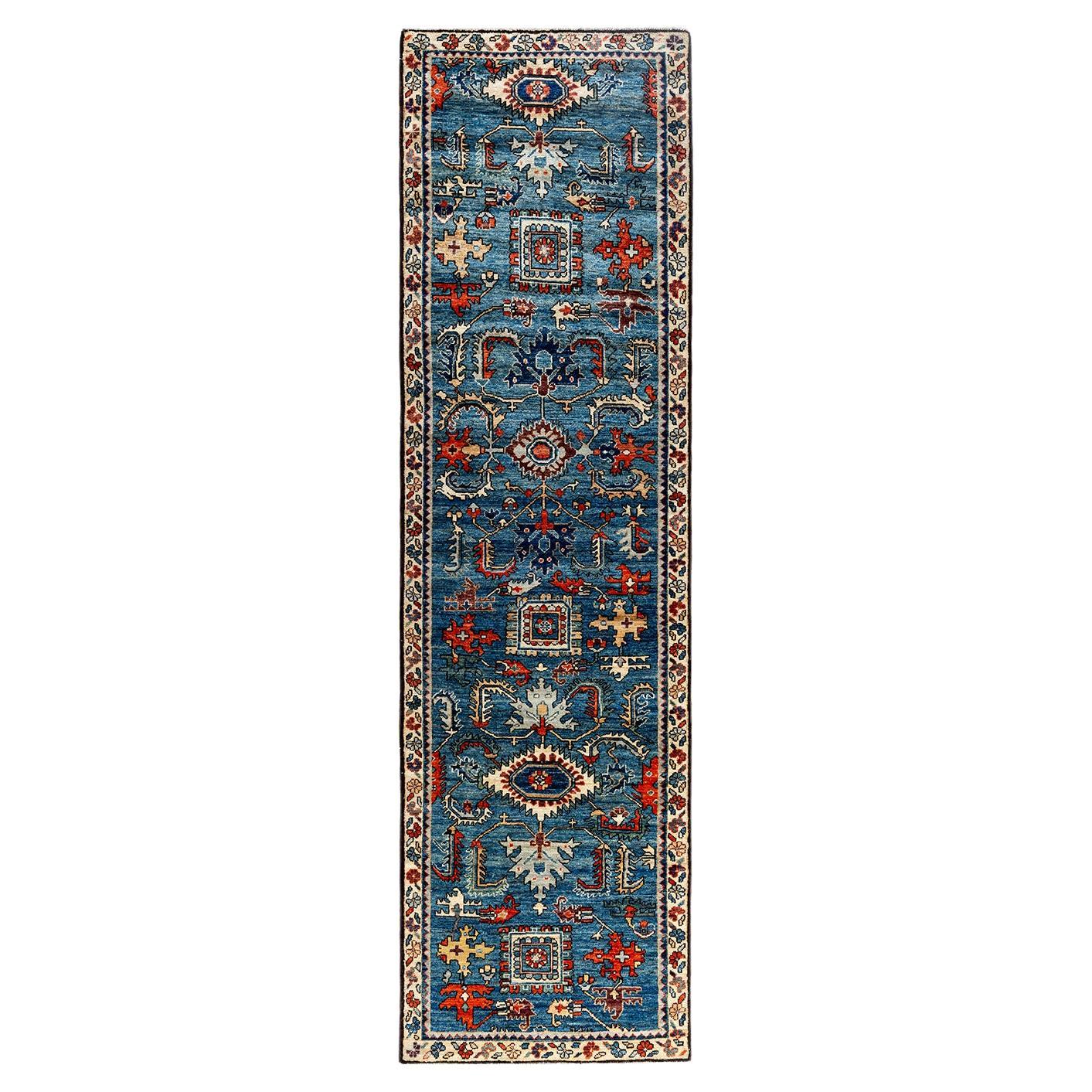 Tapis traditionnel Serapi noué à la main bleu de 2' 9" x 10' 0"
