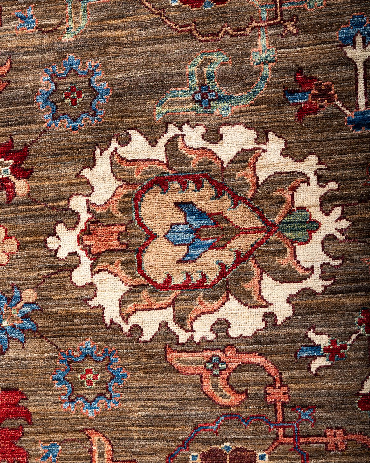 Pakistani Traditional Serapi Hand Knotted Wool Brown Area Rug For Sale