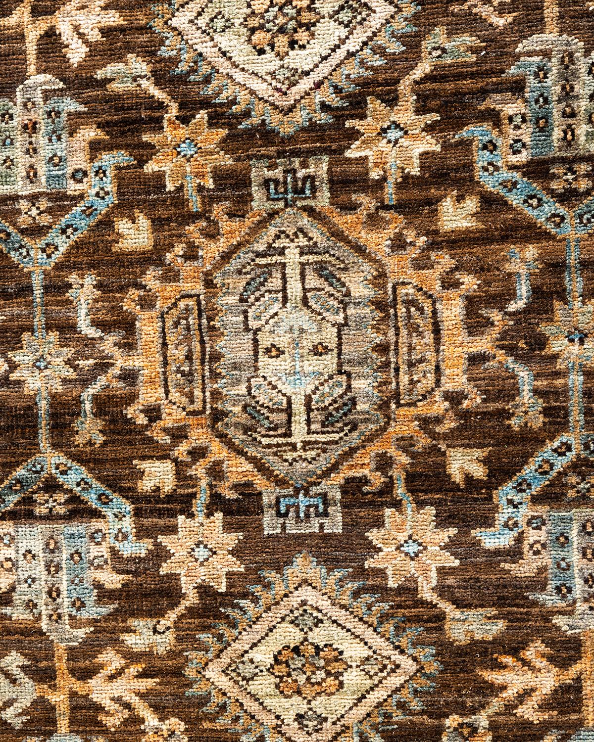 Pakistani Traditional Serapi Hand Knotted Wool Brown Area Rug For Sale