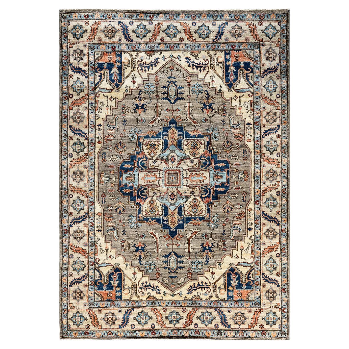  Traditional Serapi Hand Knotted Wool Brown Area Rug For Sale