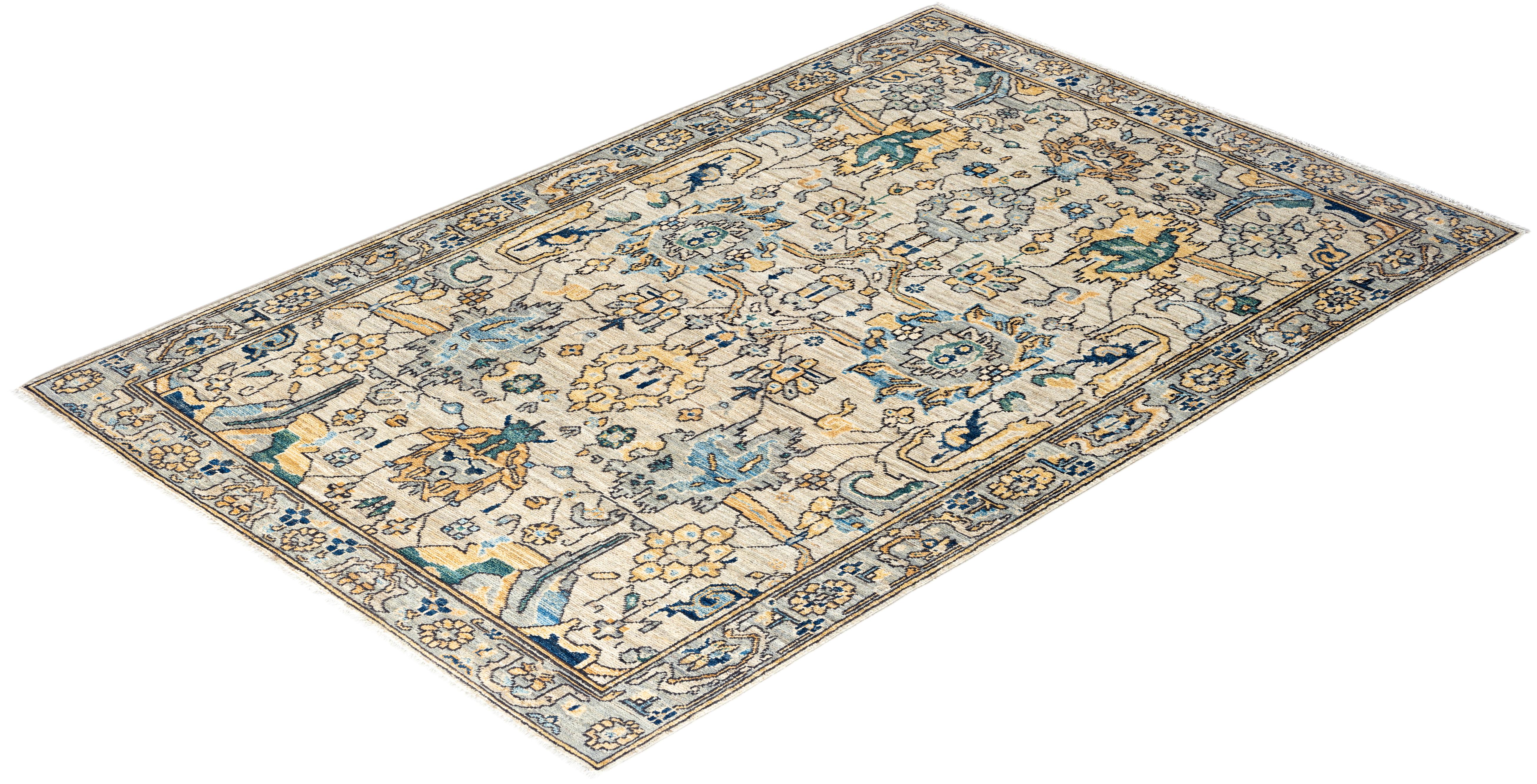 Tapis traditionnel Serapi noué à la main gris de 3' 11
