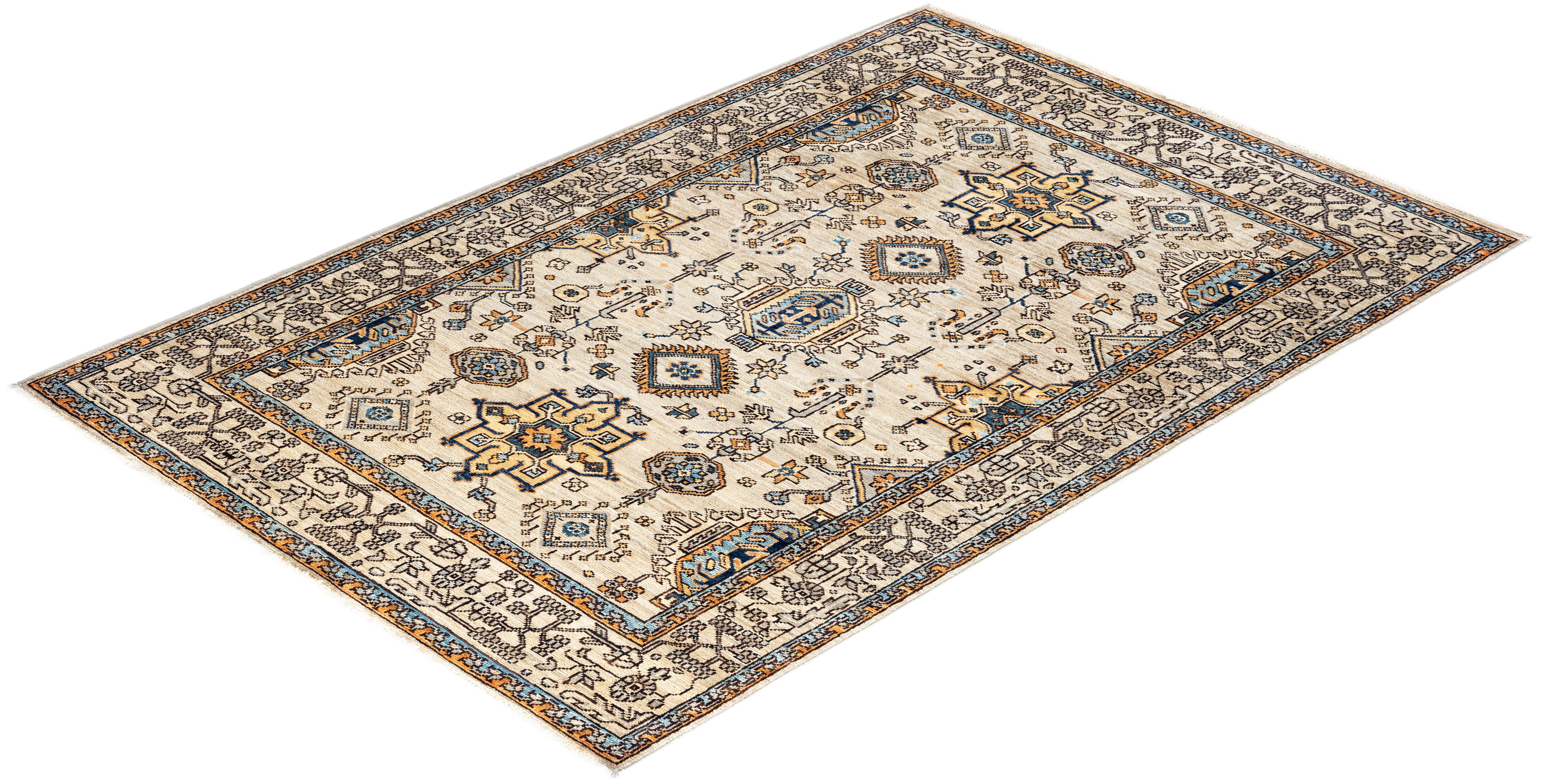Tapis traditionnel Serapi noué à la main gris de 4' 1