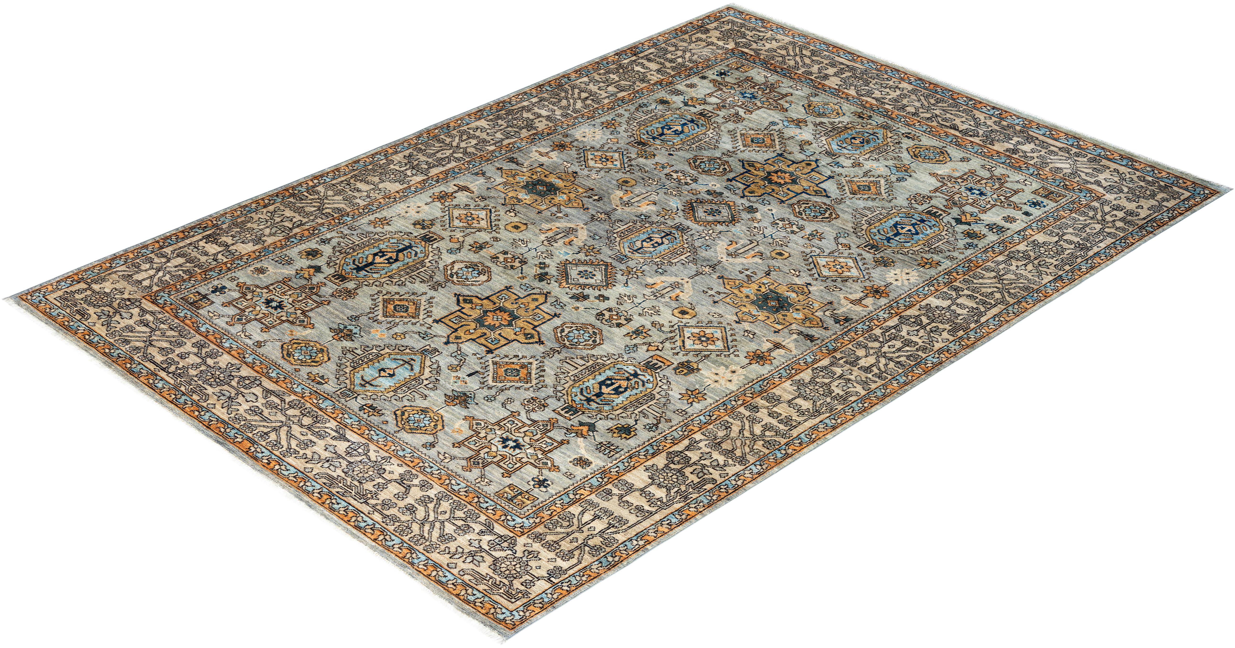  Traditional Serapi Hand Knotted Wool Gray Area Rug For Sale 3