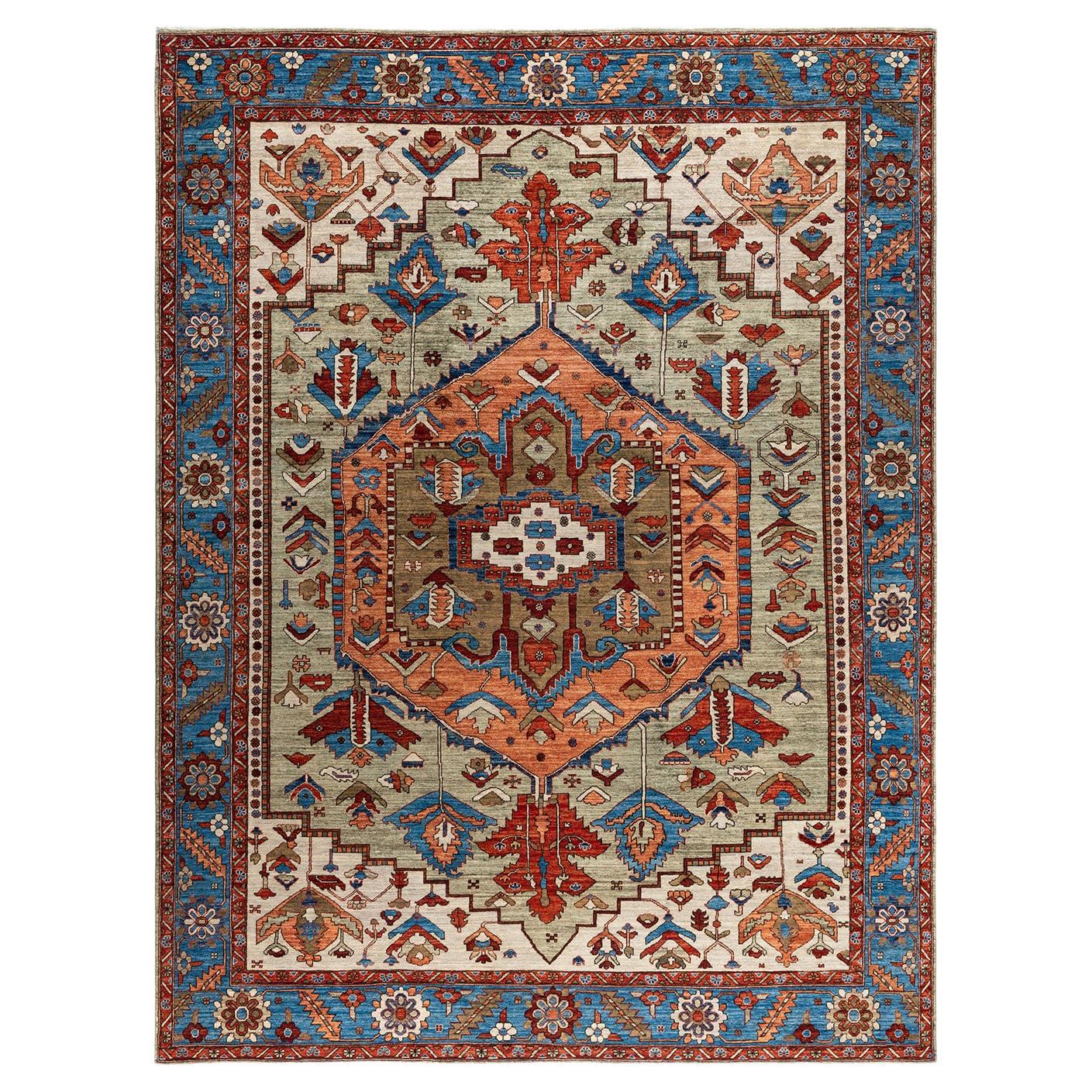 Traditional Serapi Hand Knotted Wool Green Area Rug