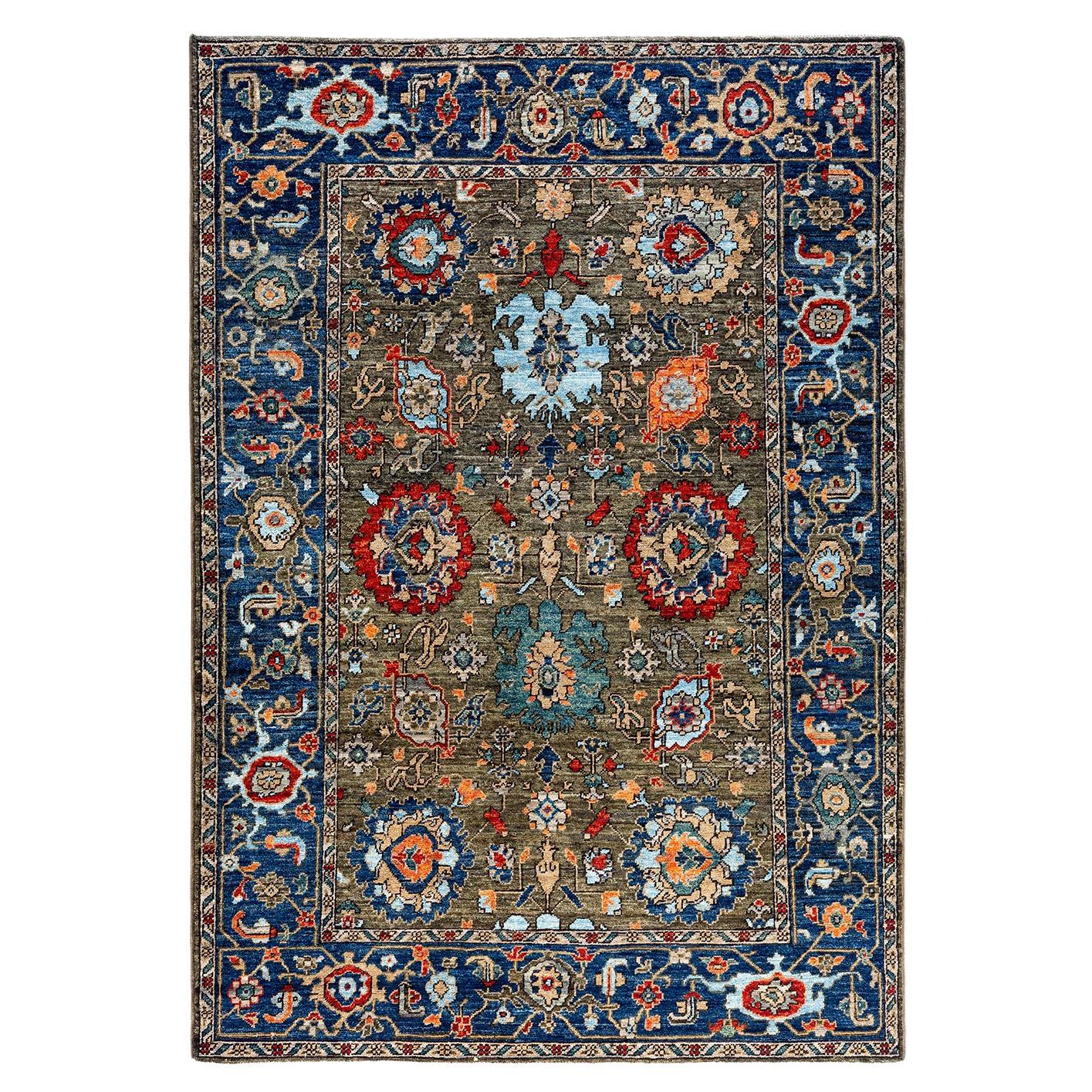 Traditional Serapi Hand Knotted Wool Green Area Rug For Sale