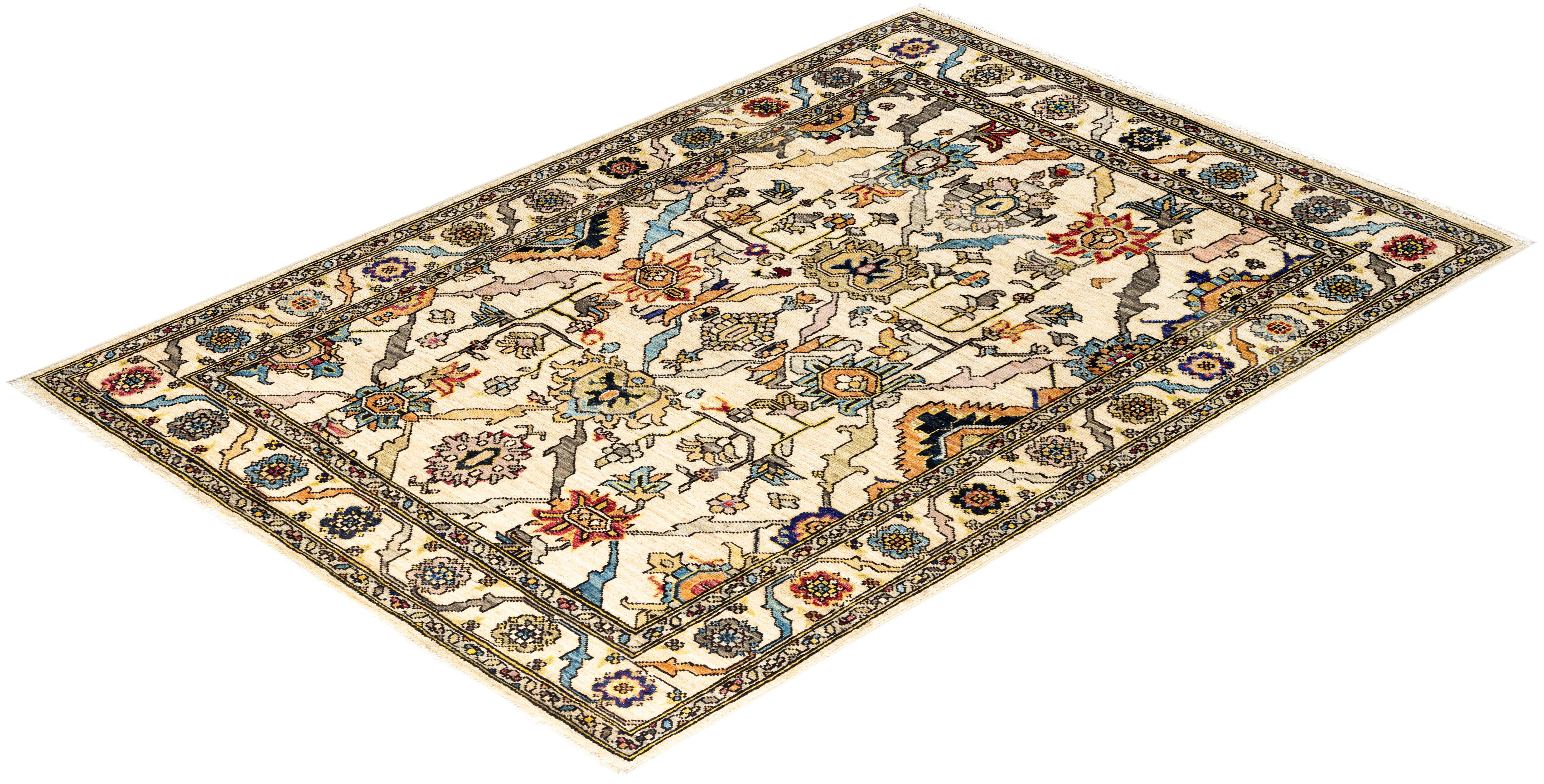 Tapis traditionnel Serapi ivoire noué à la main 3' 11