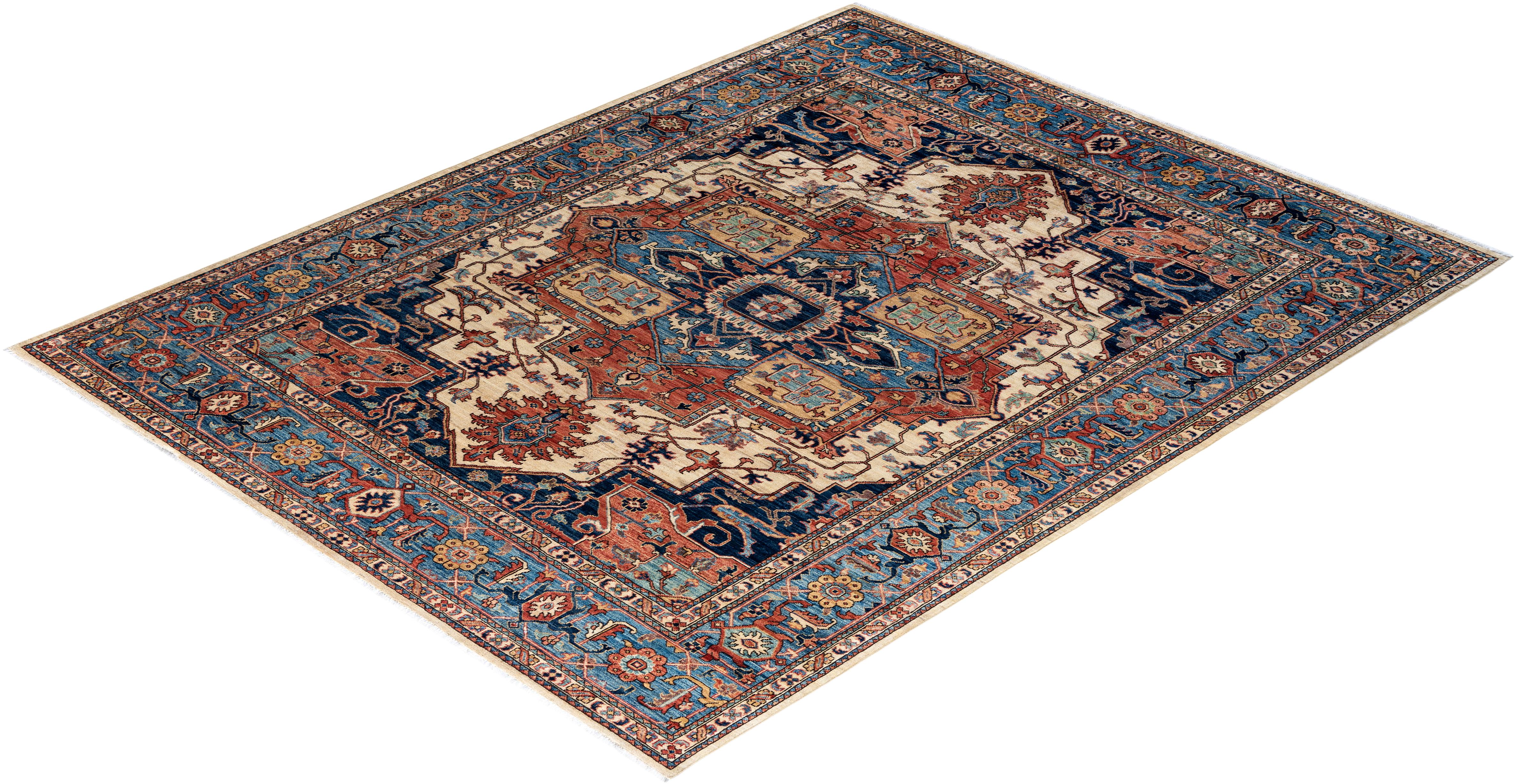 Tapis traditionnel Serapi noué à la main ivoire de 8' 0