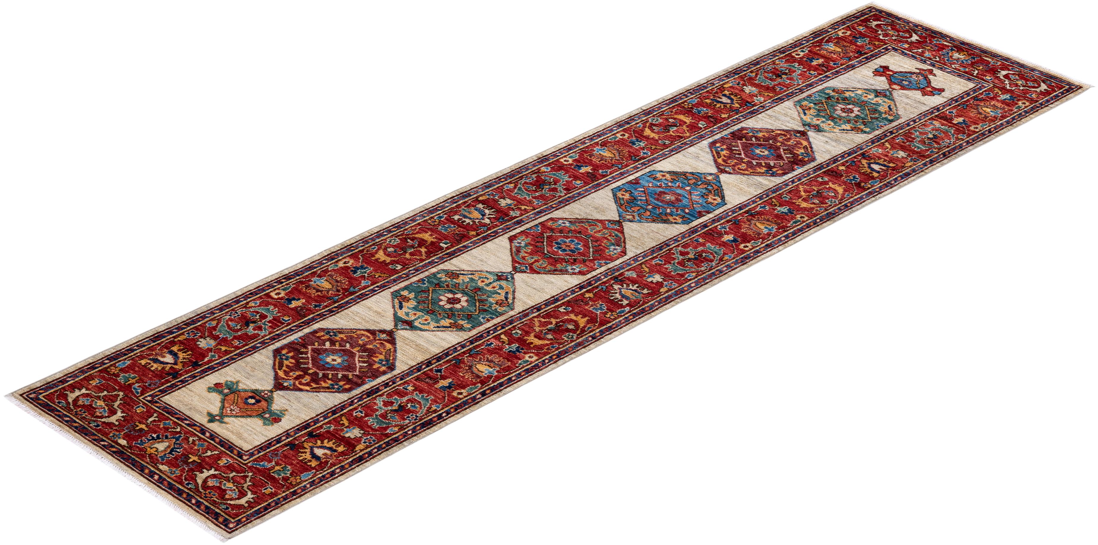 Traditional Serapi Hand Knotted Wool Ivory Runner  For Sale 3