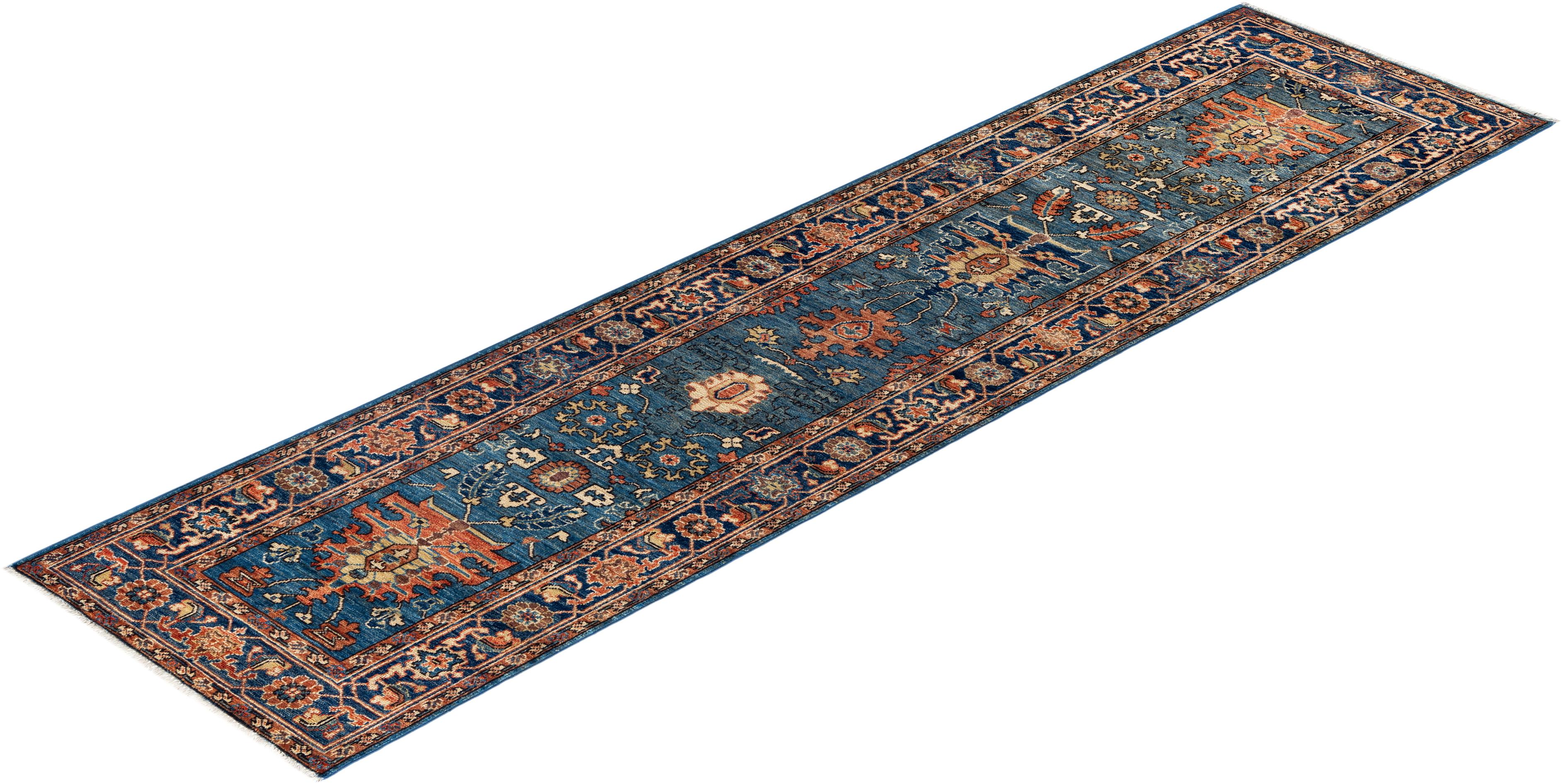 Tapis traditionnel Serapi noué à la main bleu clair de 2' 6