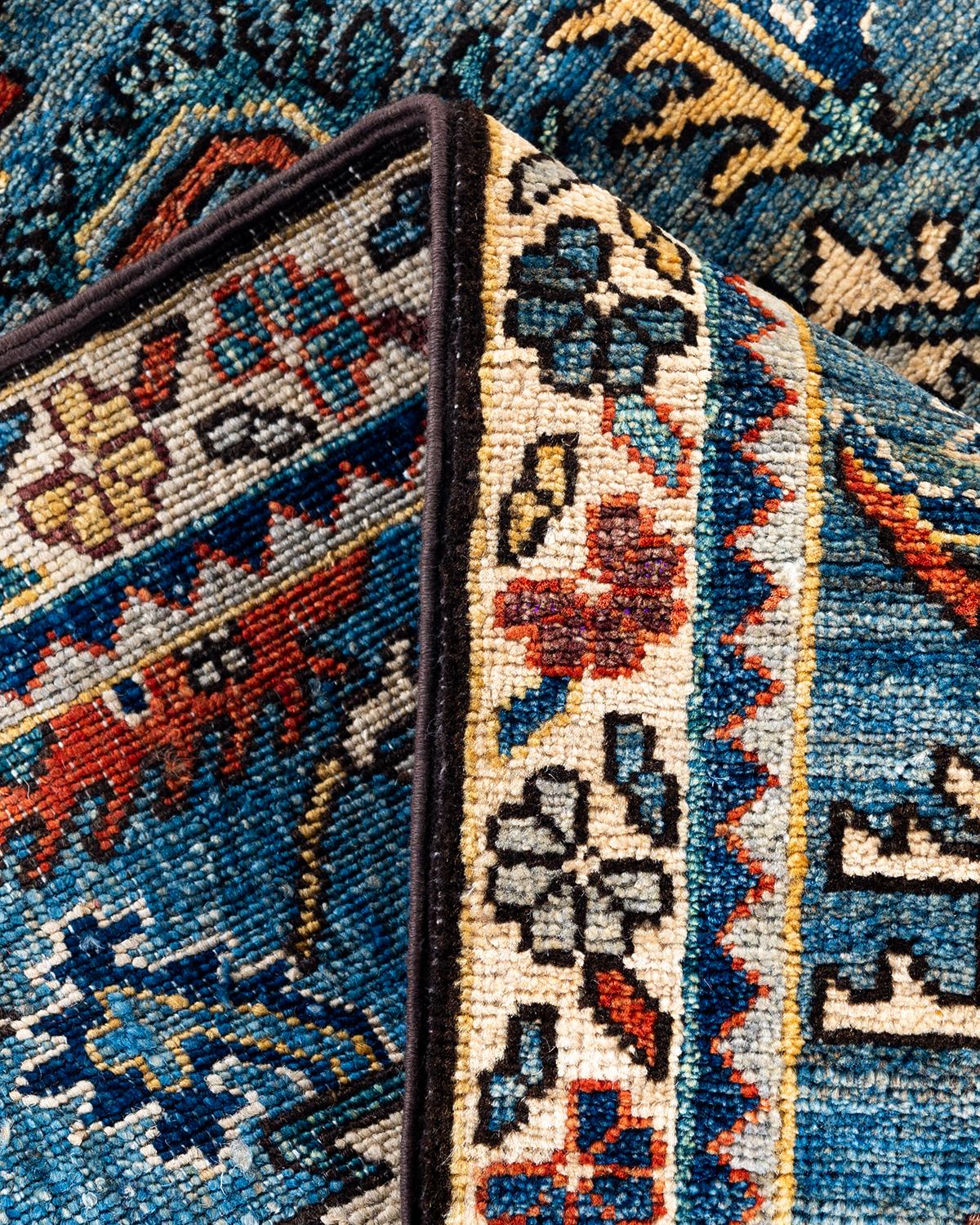 XXI secolo e contemporaneo Tappeto tradizionale Serapi in lana annodata a mano di colore azzurro 2' 7