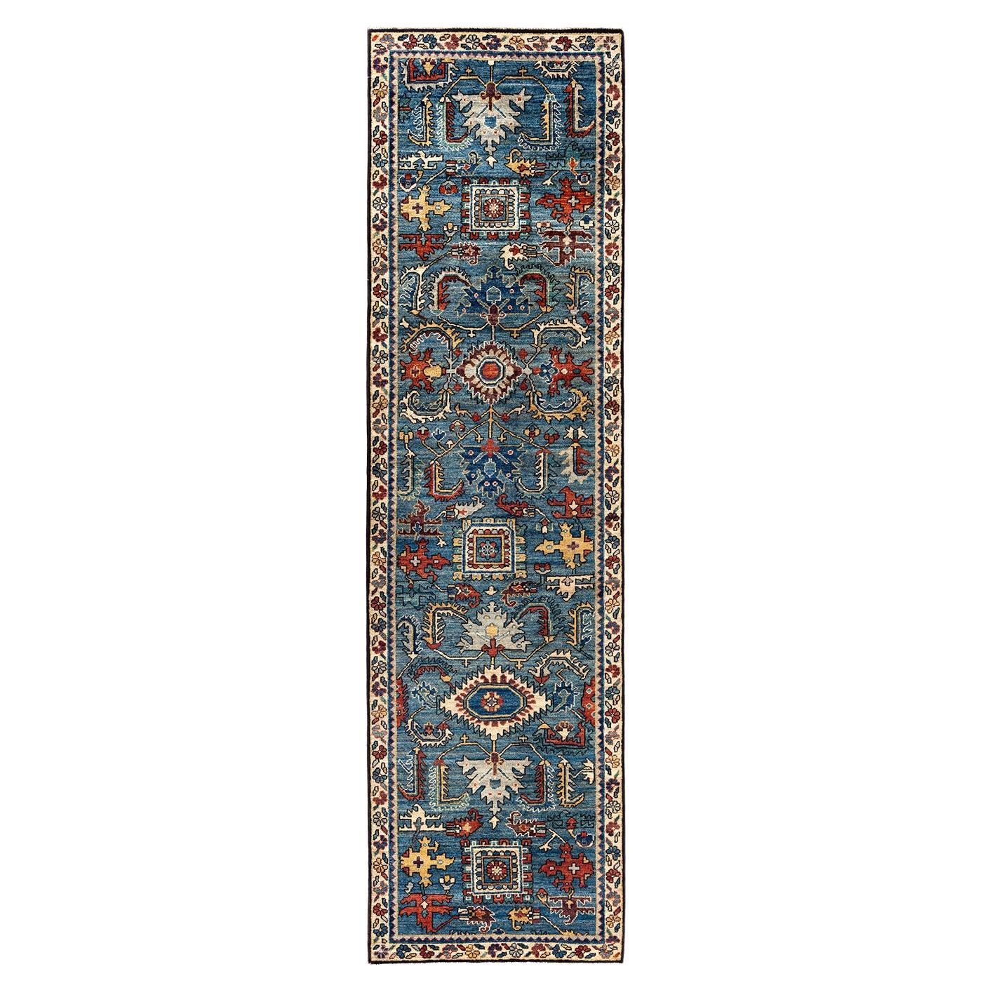 Traditional Serapi Hand Knotted Wool Light Blue Area Rug 2' 7" x 9' 8"