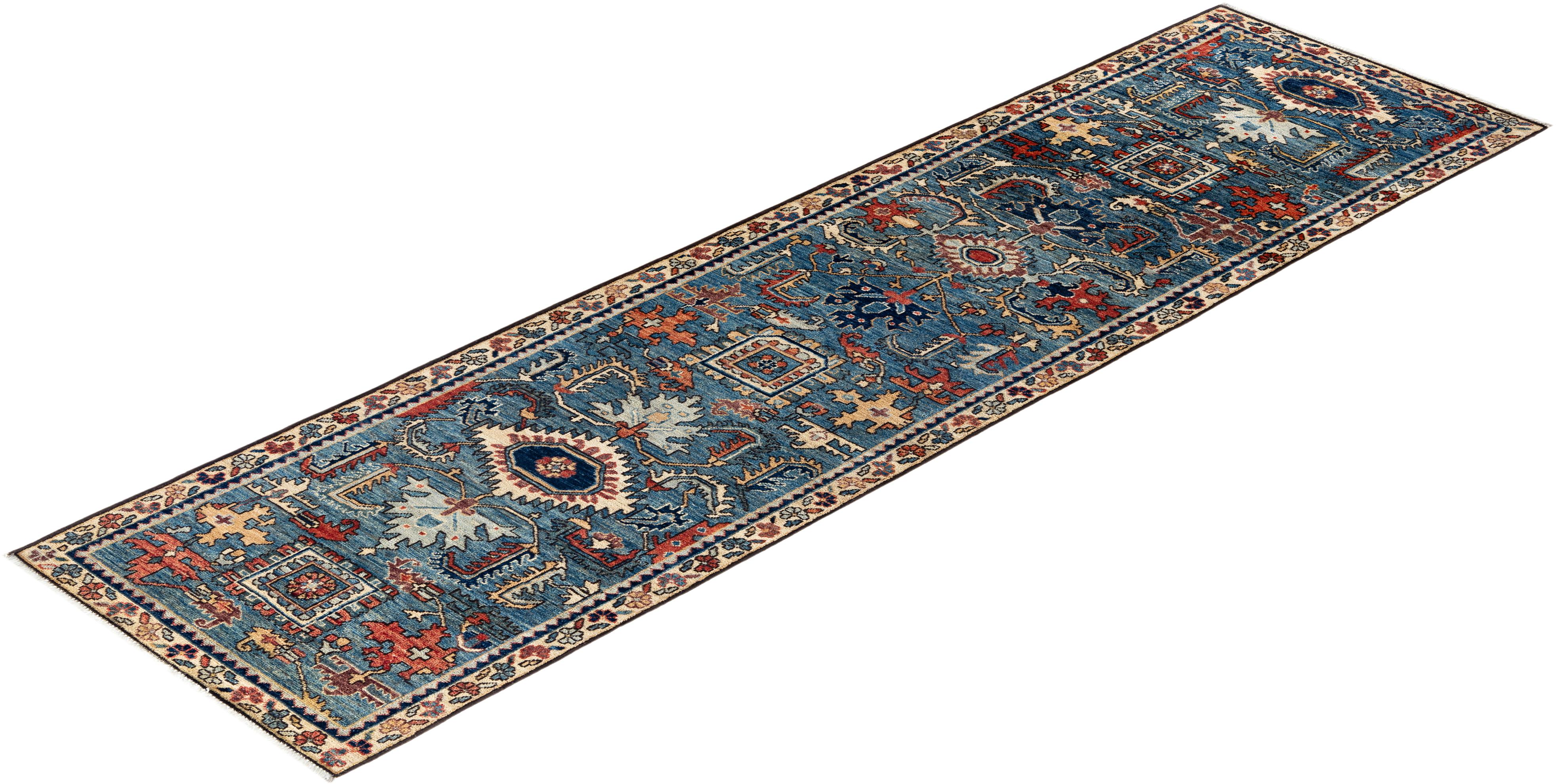 Traditional Serapi Hand Knotted Wool Light Blue Area Rug 2' 8