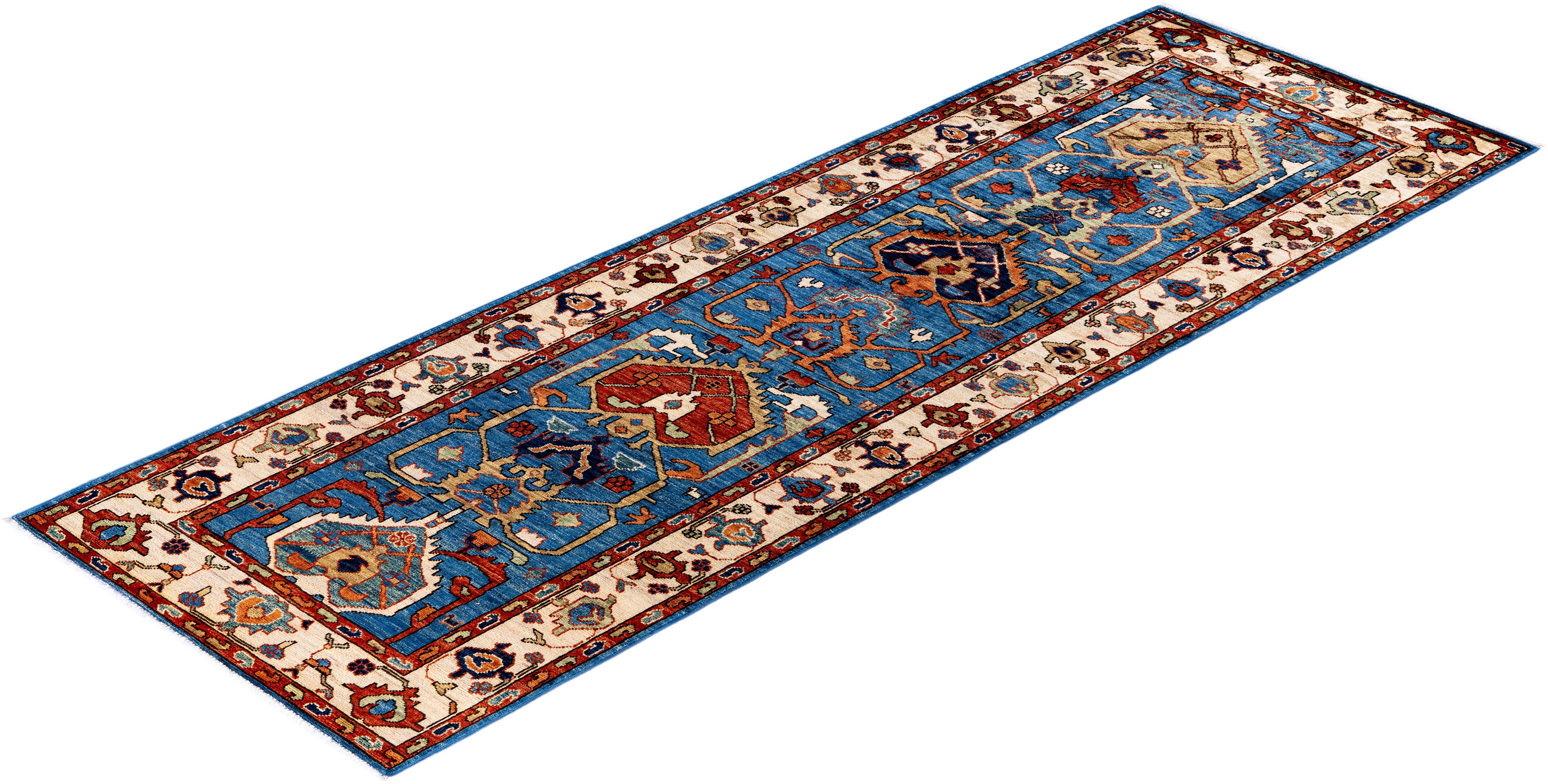 Tapis traditionnel Serapi noué à la main bleu clair de 2' 9