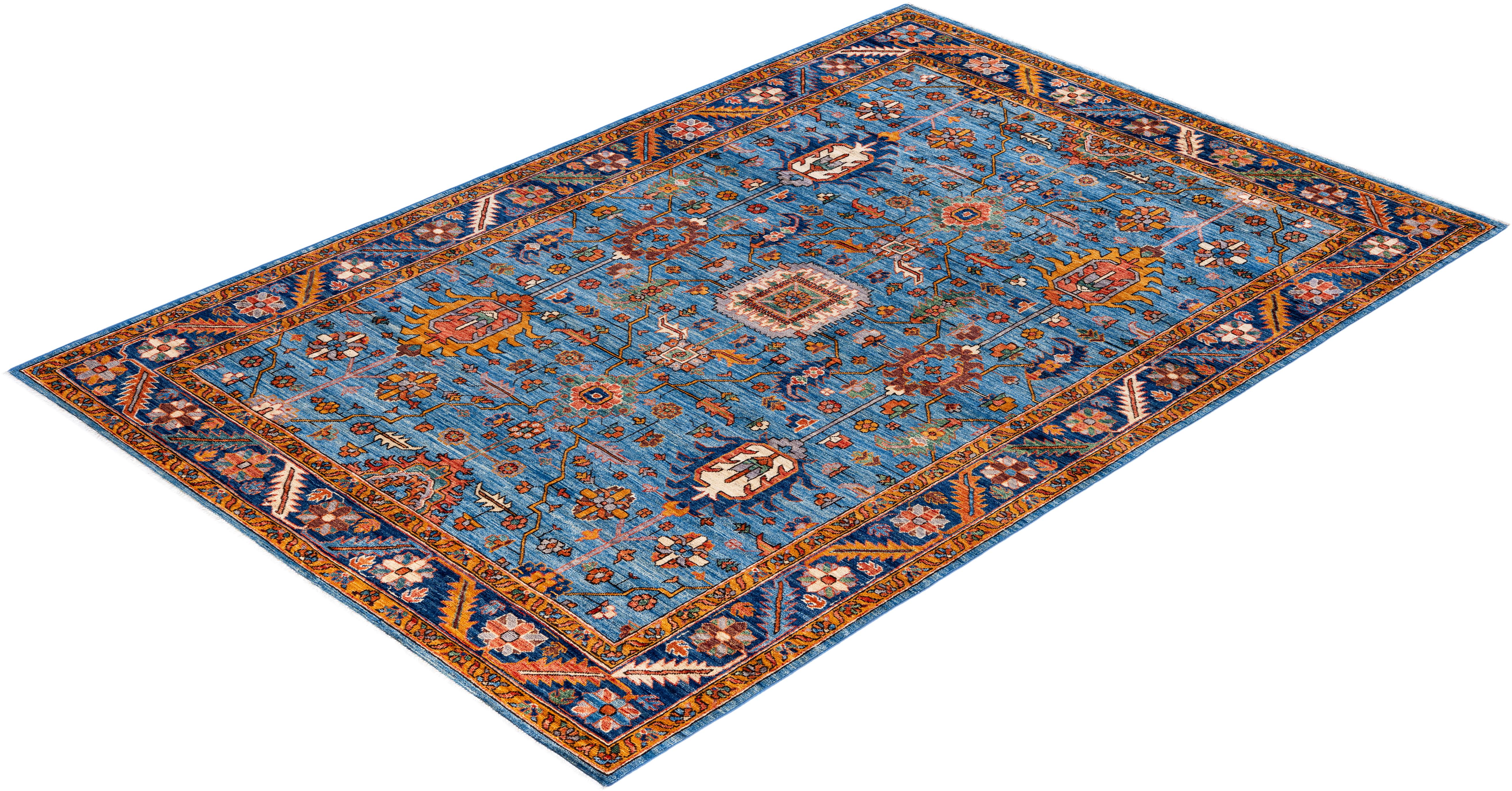 Tapis traditionnel Serapi noué à la main bleu clair de 5' 11