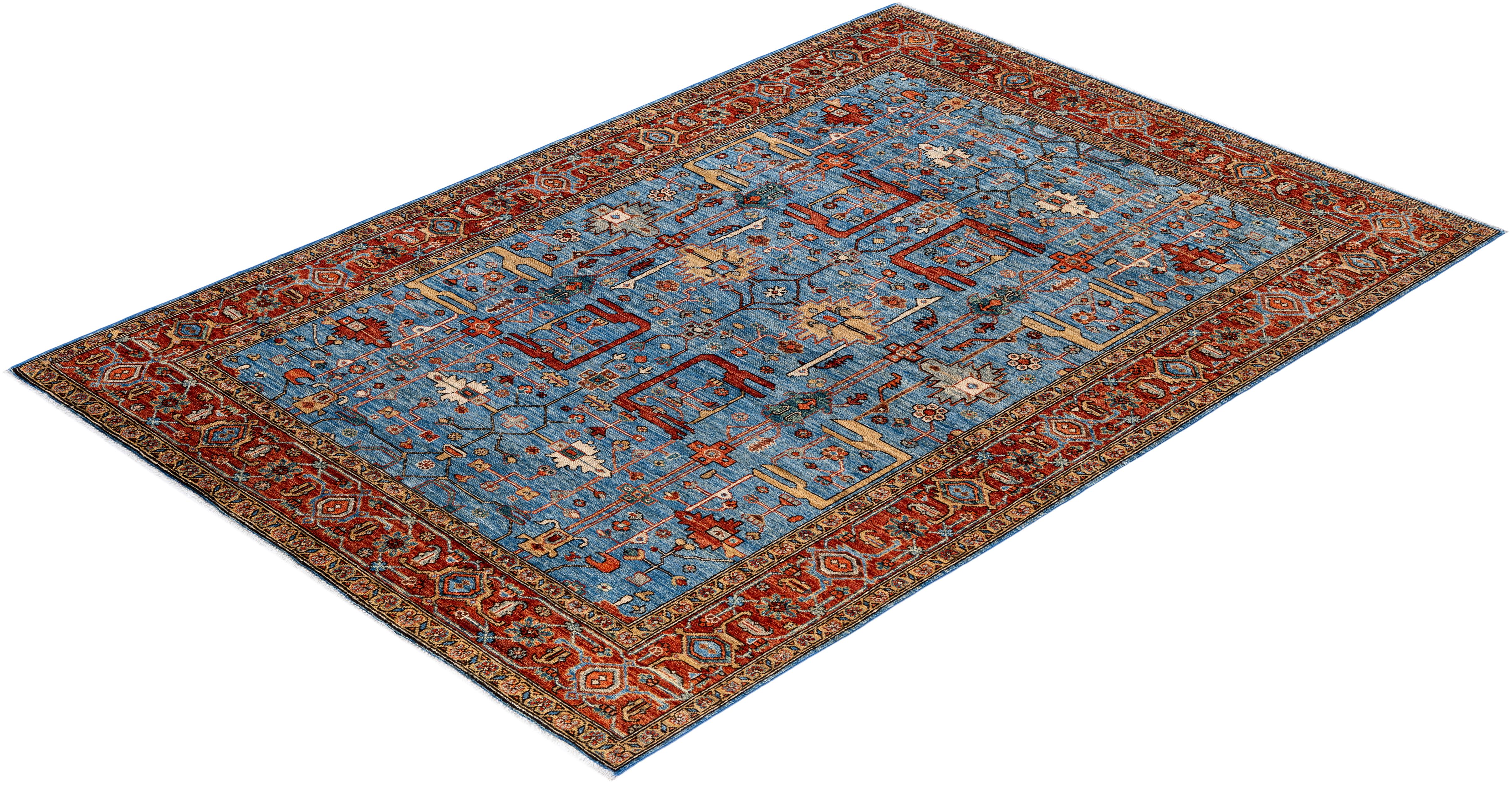Tapis traditionnel Serapi noué à la main bleu clair de 6' 1