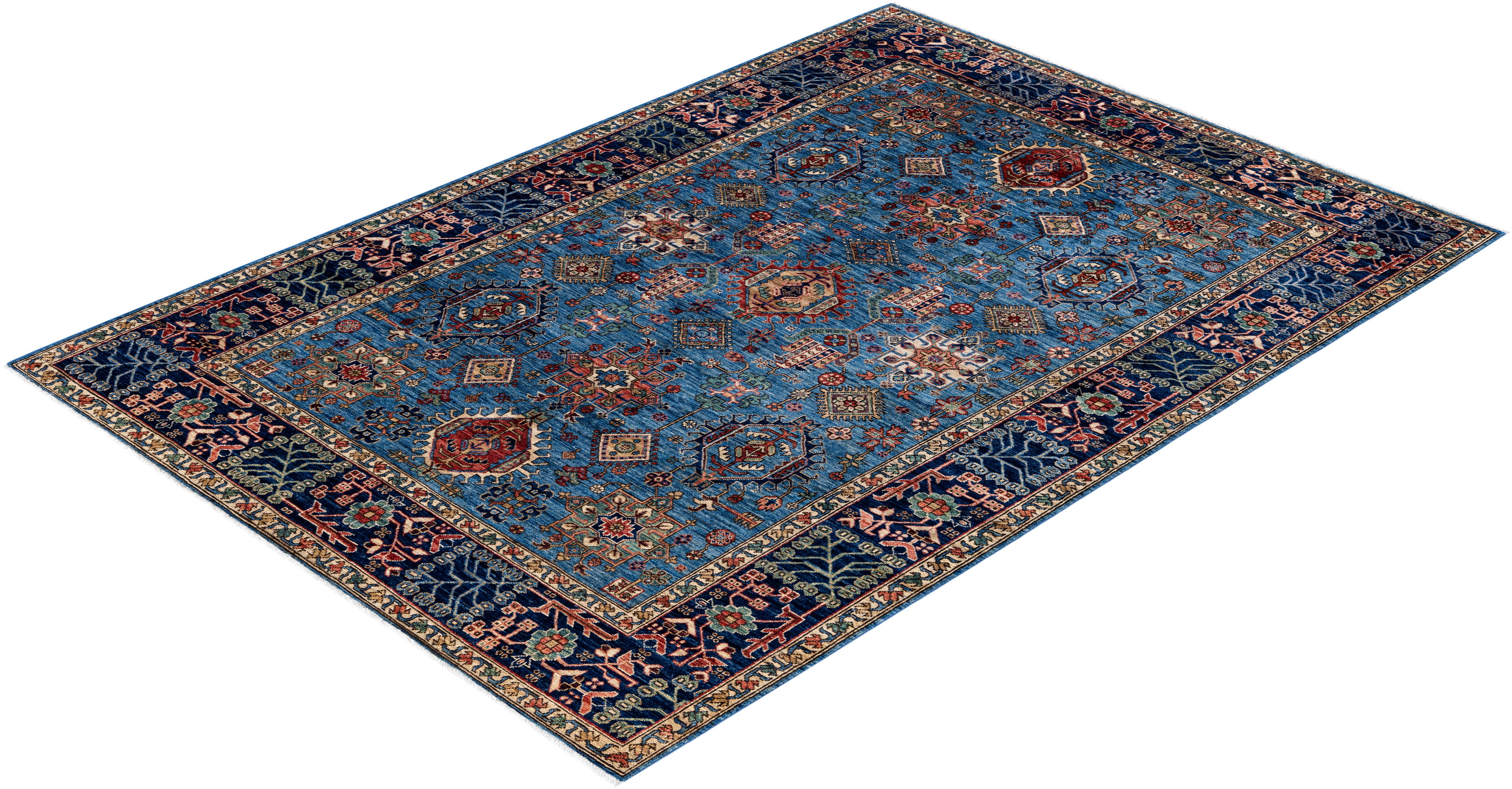 Tapis traditionnel Serapi noué à la main bleu clair de 6' 1